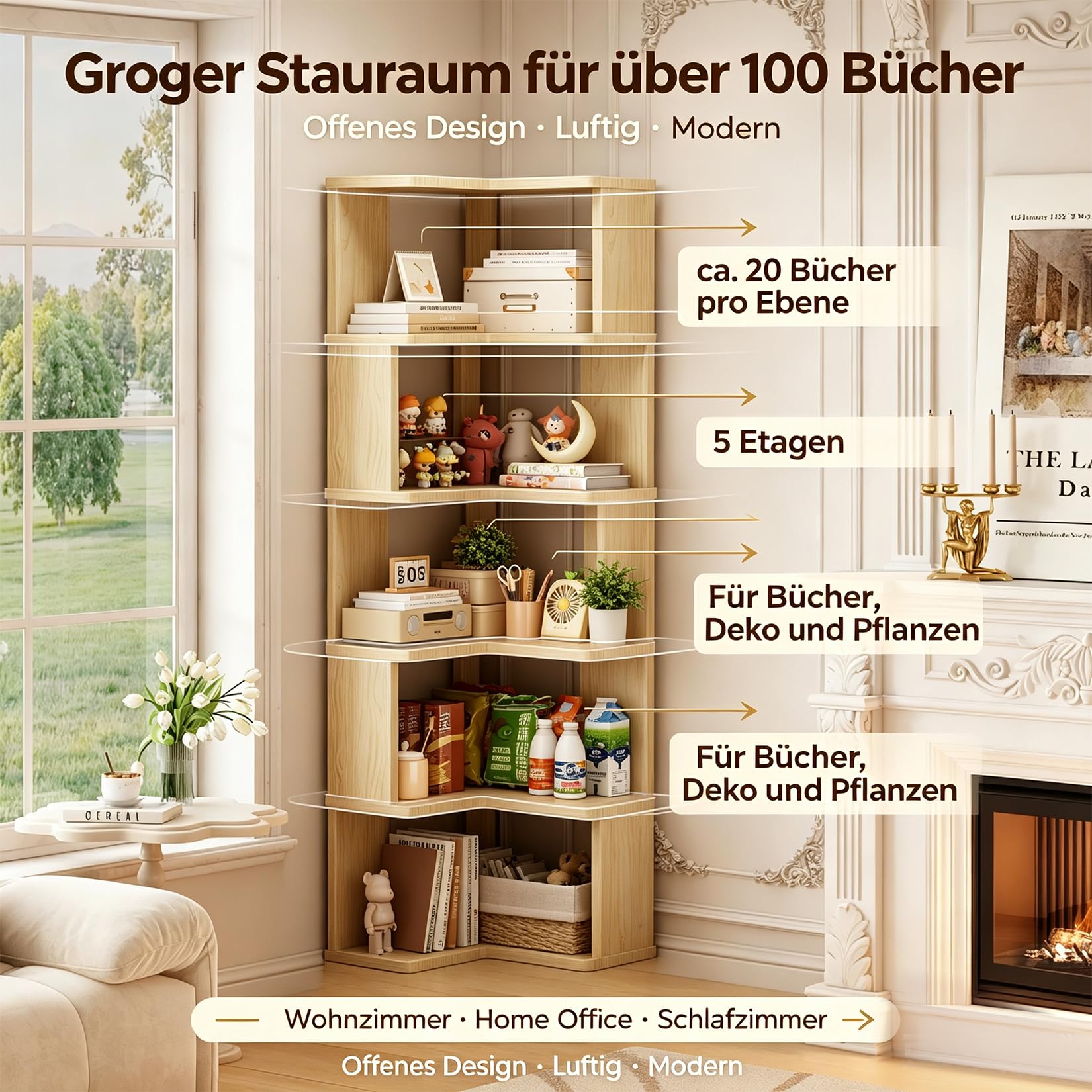 Eckregal Bücherregal aus Massivholz 5 Ebenen Platzsparend Wohnzimmer