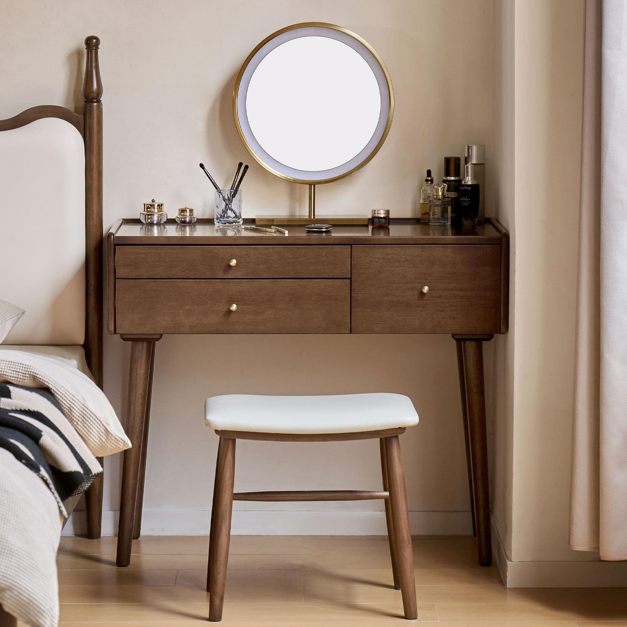 modern study table with dressing table NessCarsti Modern Extendable Vanity Desk Set with Mirror & Jewelry  Organizer, Black/Beige
