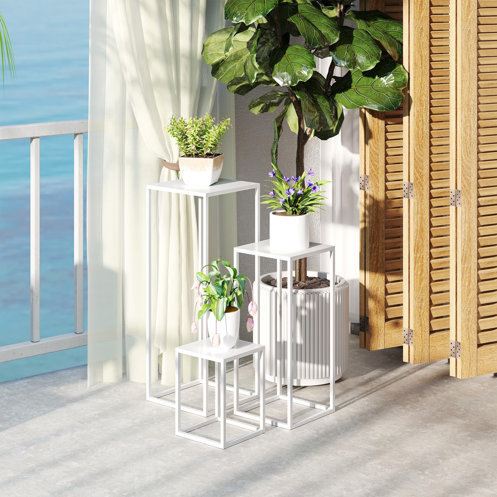 Outsunny 3 supporti per piante quadrati impilabili metallo bianco