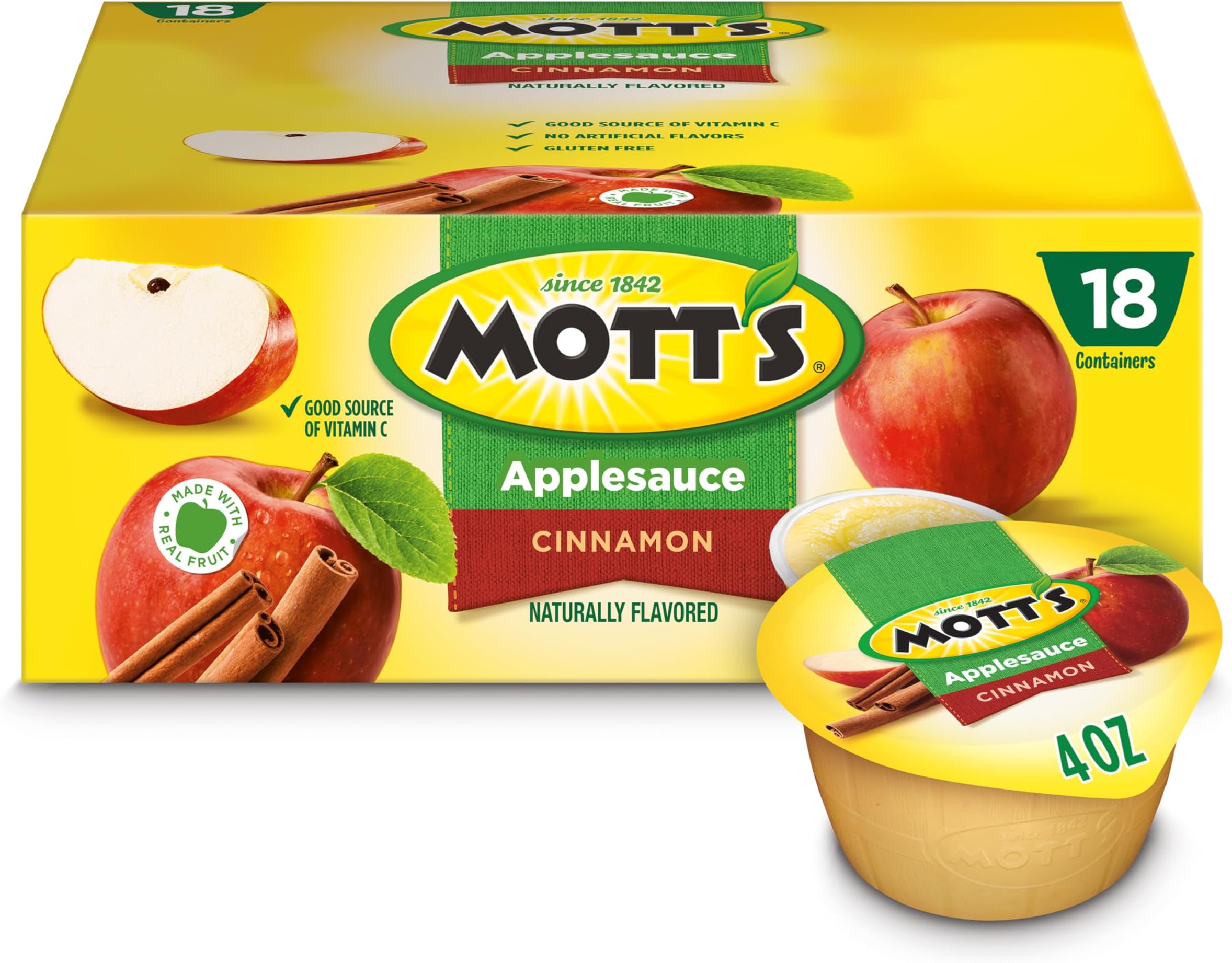 Mott's Cinnamon Applesauce, 4 Oz Cups, 18 Count, No Artificial Flavors, Good Source Of Vitamin C, Nutritious Option For The Whole Family