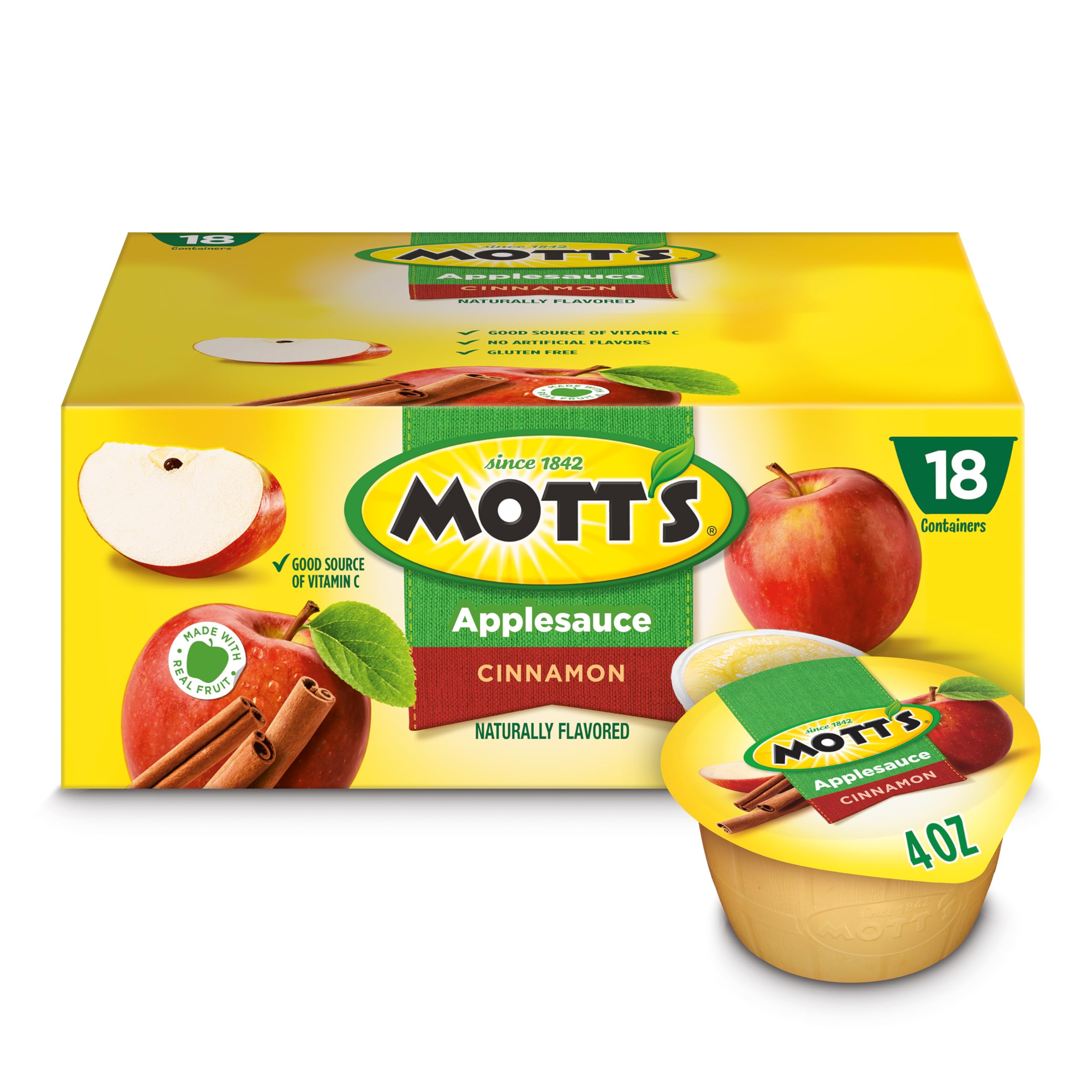 Mott'sCinnamon Applesauce, 4 Oz Cups, 18 Count, No Artificial Flavors, Good Source Of Vitamin C, Nutritious Option For The Whole Family