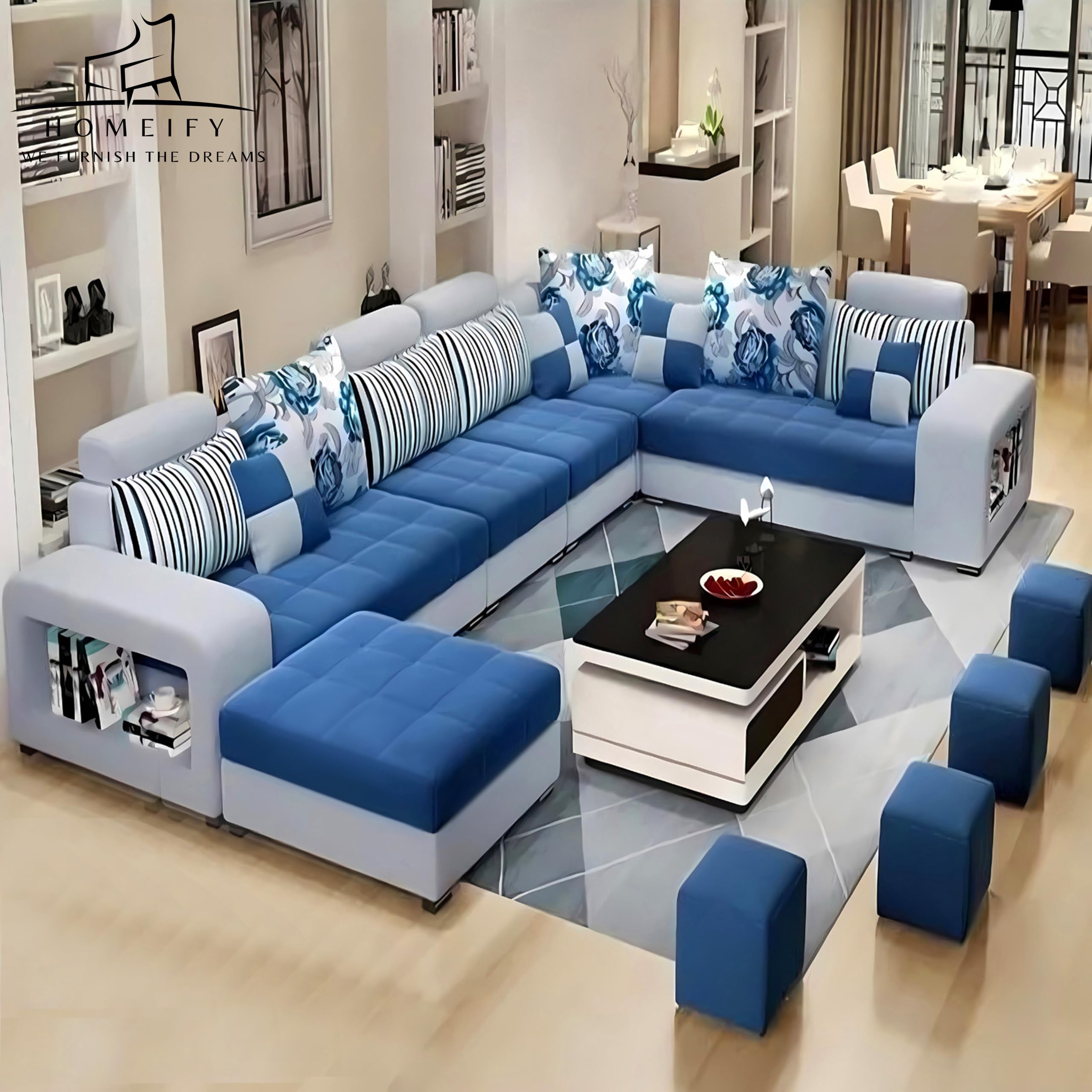 Homeify Carlo Wooden 9 Seater L-Shaped Sectional Sofa with Ottoman for Living Room(Premium Velvet,Left Side,Blue & Grey)