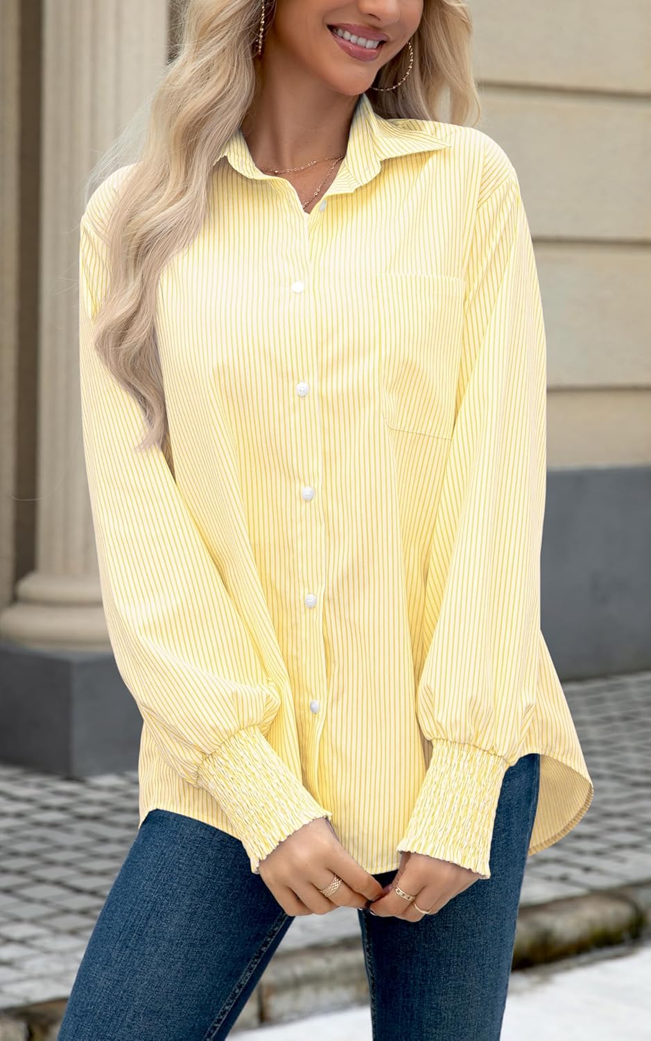 OMSJ Women’s Striped Button Down Shirts Smocked Cuffed Sleeve Stylish Collared Office Work Blouses with Pocket - Image 2