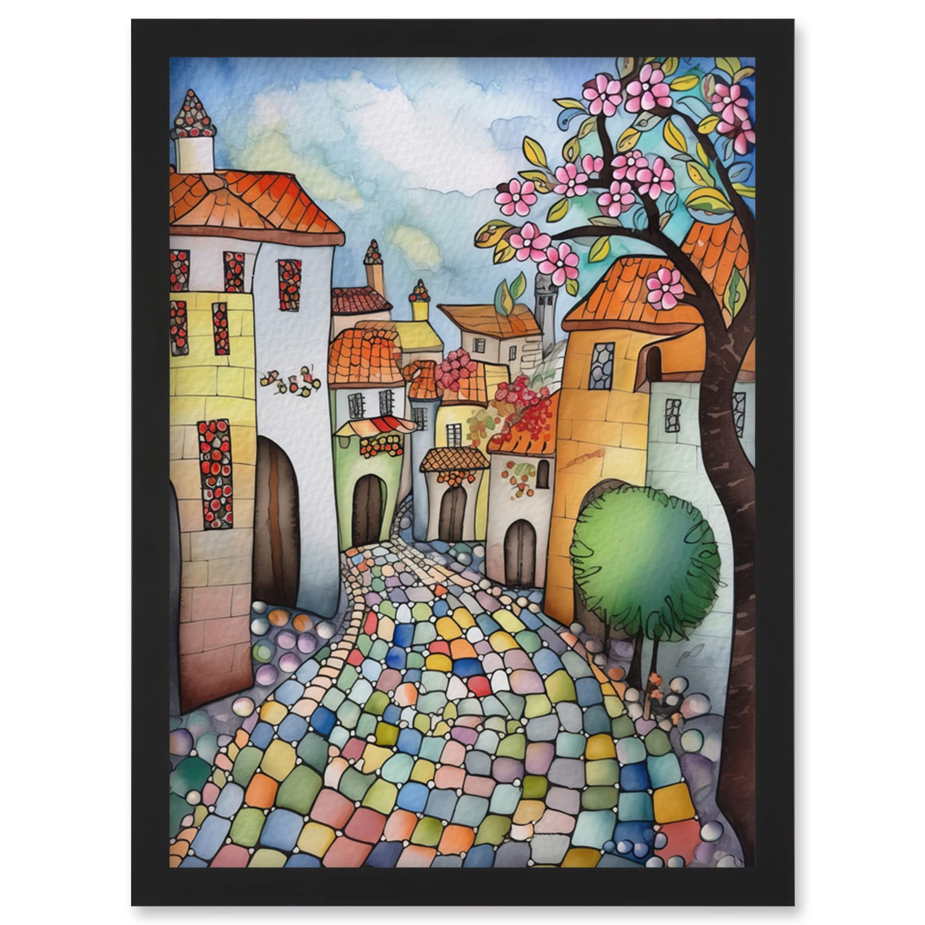 Artery8 Village Cobbled Street Cherry Blossom Folk Art Artwork Framed Wall Art Print A4