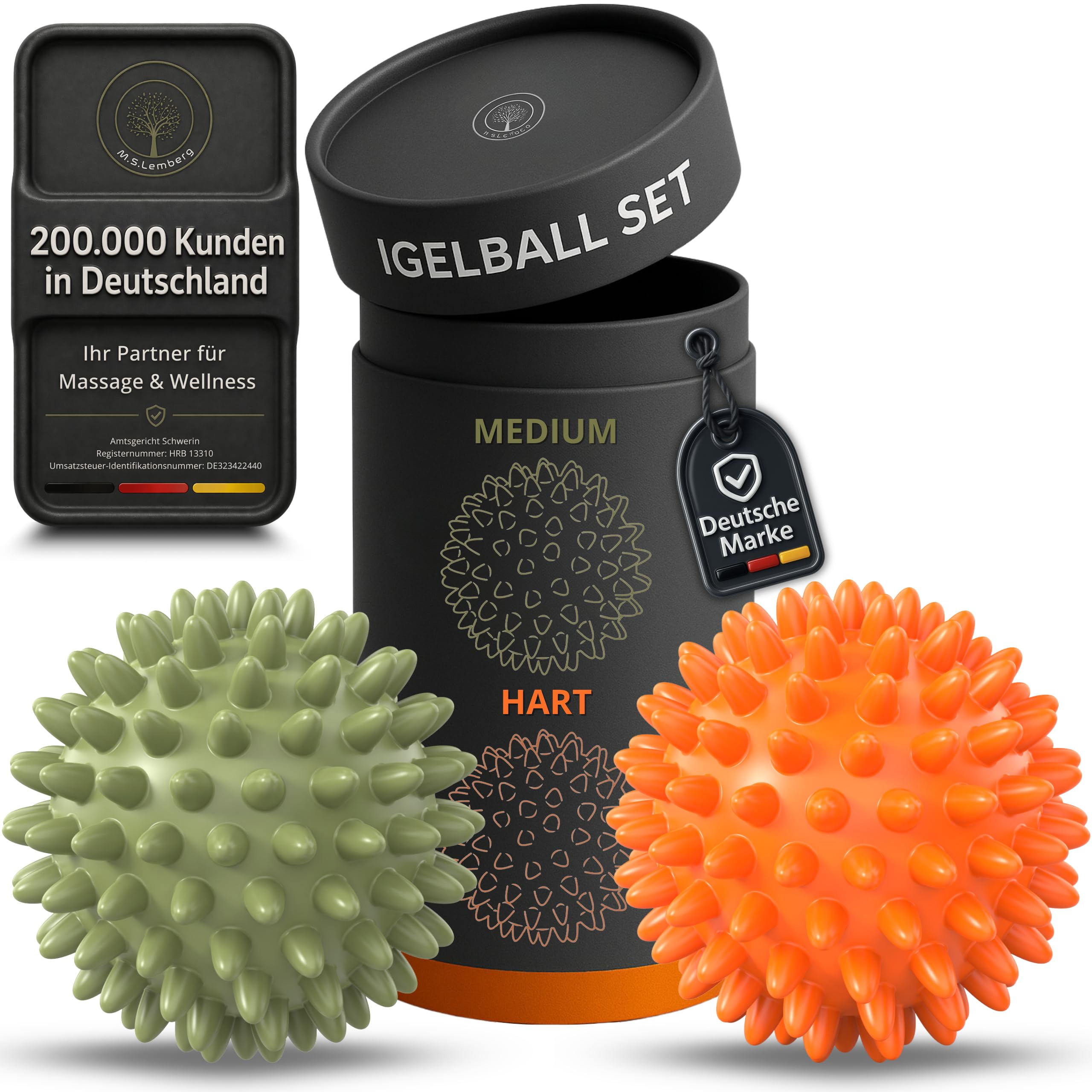 M.S.Lemberg® Igelball Massage Set - Massageball für Reflexzonen, Anti-Stress, Entspannung Geschenk - Noppenball Fußmassage Rücken Nacken Hand Fuß - Ball mit Noppen klein - hart & mittel-weich