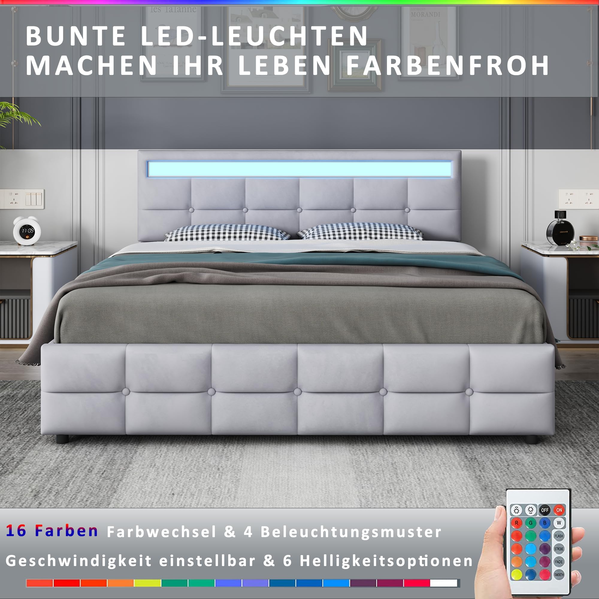 Sapgaks Lit 180 x 200 Avec Sommier à Lattes, Coffre Tiroirs, Cadre LED, Capitonné Avec Dossier, 2 Personnes Avec Rangement, Double, Pour Adultes Velours, Gris