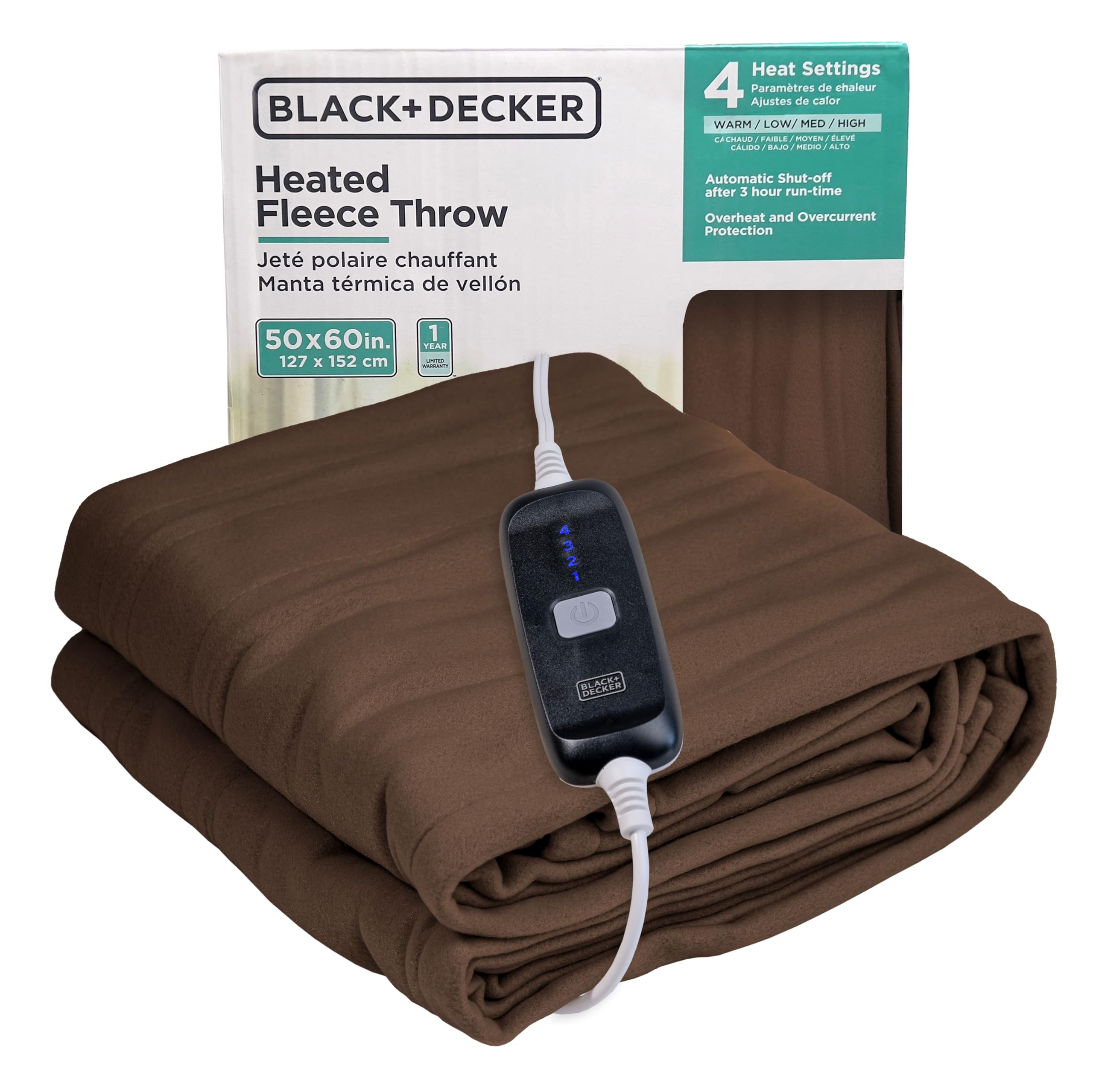 BLACK+DECKER Electric Heated Fleece Blanket Throw, 50" x 60" with 4 Heat Settings and 3 Hour Automatic Shut-Off, Machine Washable, Fast Heating, Overheat and Overcurrent Auto Shut Off, Chocolate