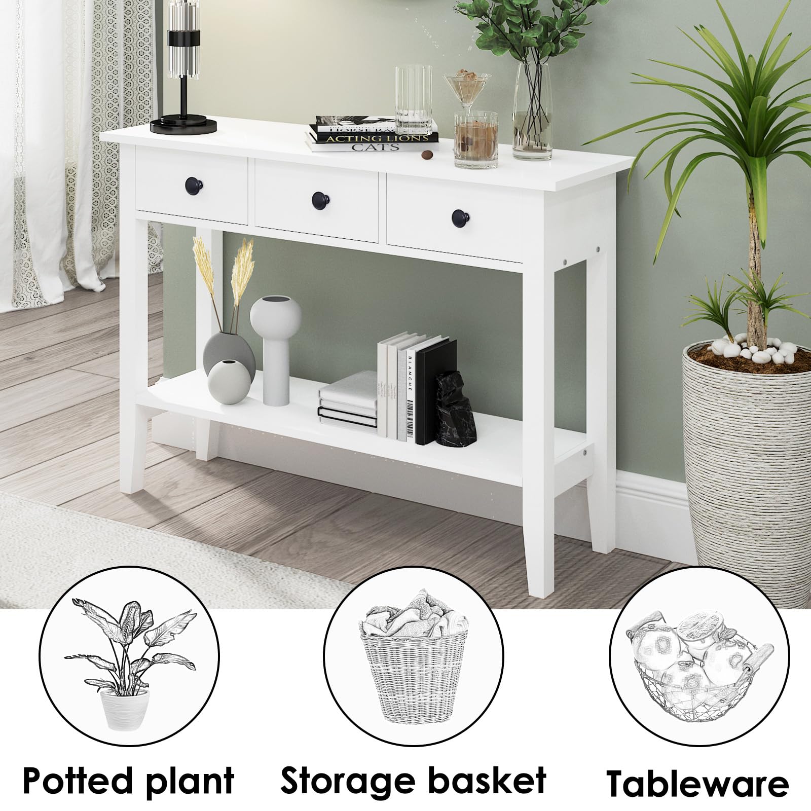 soges Mesa Consola Table Console Mesa Auxiliar con 3 Cajones Mesa de Entrada Mesa de Recibidor Estrecha Blanco 100 x 34 x 71,5 cm (EU1-10BHHFNT-W-3)