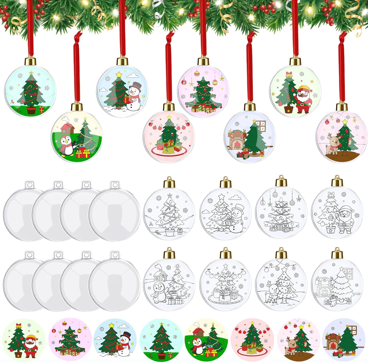 Daifunli 24 Sets Christmas Ornament Making Kit Xmas DIY Coloring Craft Color Your Own Plastic Bulb Double Sided for Christmas Tree Hanging Decorating Home Activities Winter Party Supplies (Xmas Trees)