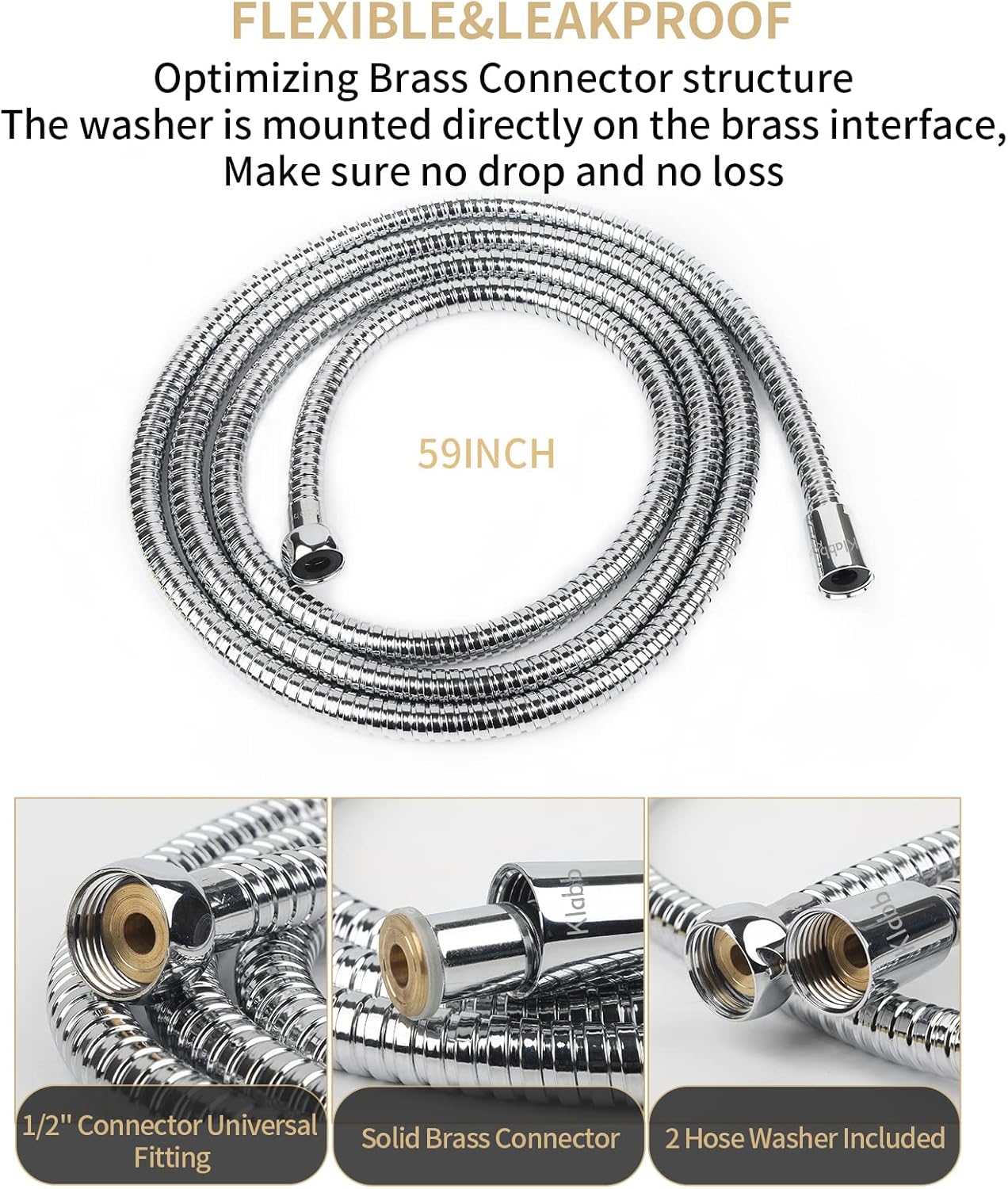 Klabb 59 Inch/150cm Stainless Steel Handheld Shower Hose, Flexible and Durable Replacement Hose with Brass Insert and Nut