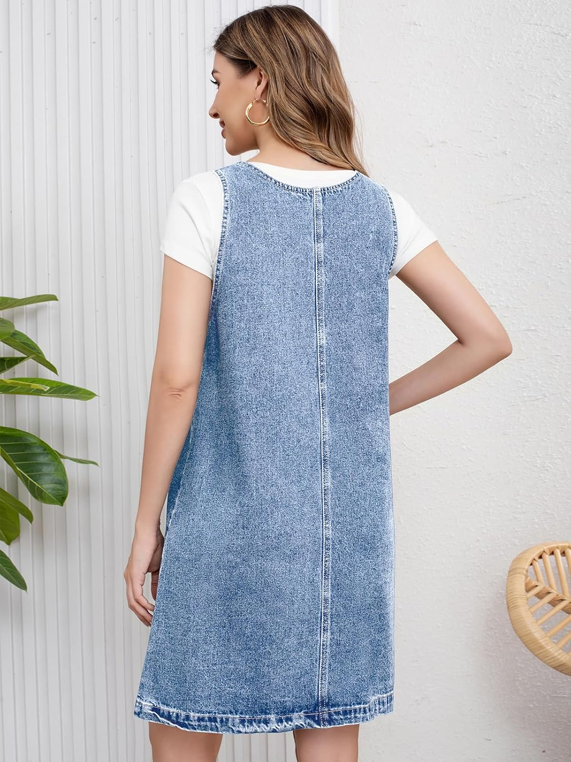 ebossy Women's Vintage Distressed Sleeveless Baggy Loose Denim Mini Dress with Pocket - Image 4