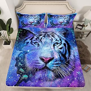 Erosebridal Tiger Bed Sheets Queen Aesthetic Butterfly Sheet Set for Kids,Galaxy Starry Sky Fitted Sheet Big Cat Wild Animal Bottom Sheet Novelty Wildlife Butterfly Wings Bedroom Decor