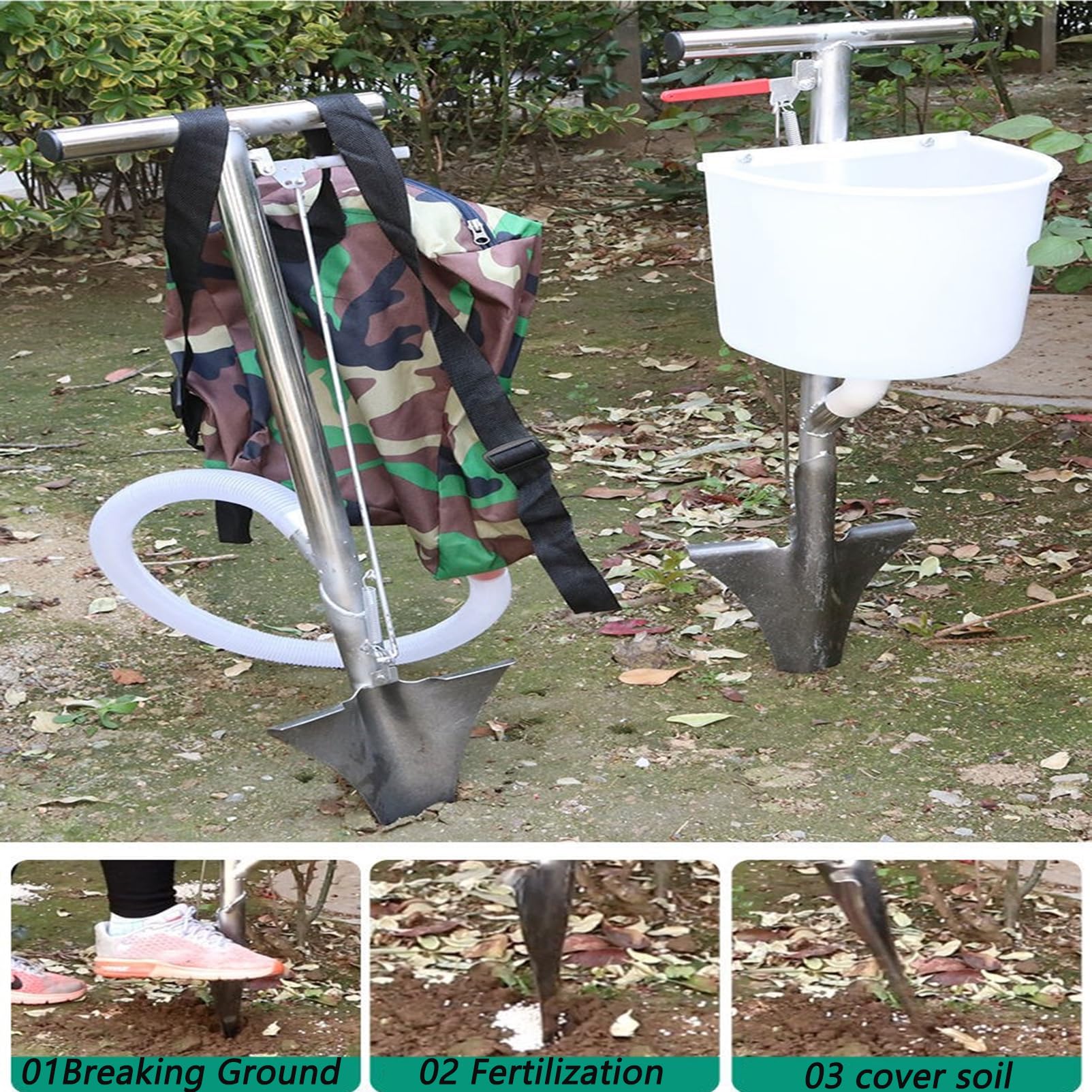 Strumenti di Fertilizzazione Seminatrice Manuale Attrezzi da Giardino Trapiantatrice per Semenzale,Acciaio Inossidabile,Doppia Maniglia