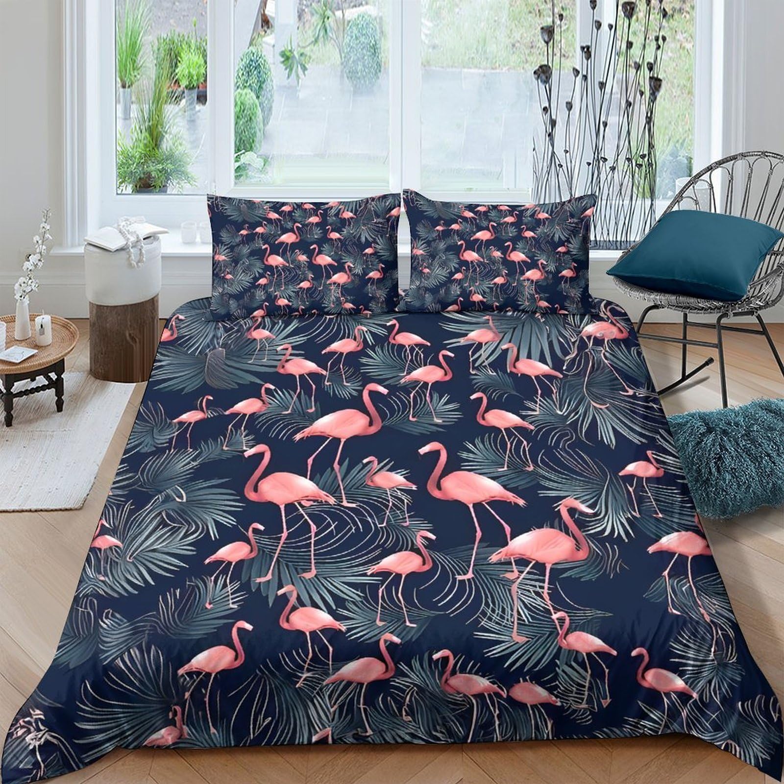 GPLZQXKJNH 3D Printed Flamingo Tropical Duvet Cover Microfiber Soft Breathable Palm Leaf Bedding Set with 2 Pillowcases for Bedroom Decor Single（135x200cm）