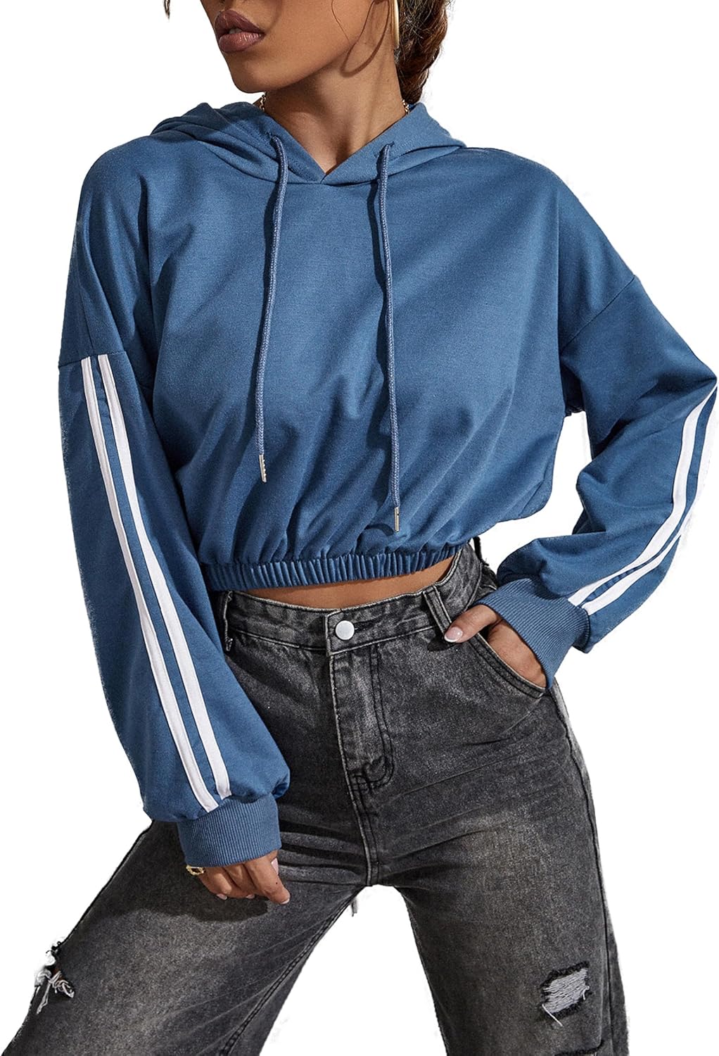size Medium -Women's Casual Long Sleeve Cropped Top Hoodie Drawstring Workout Sweatshirts