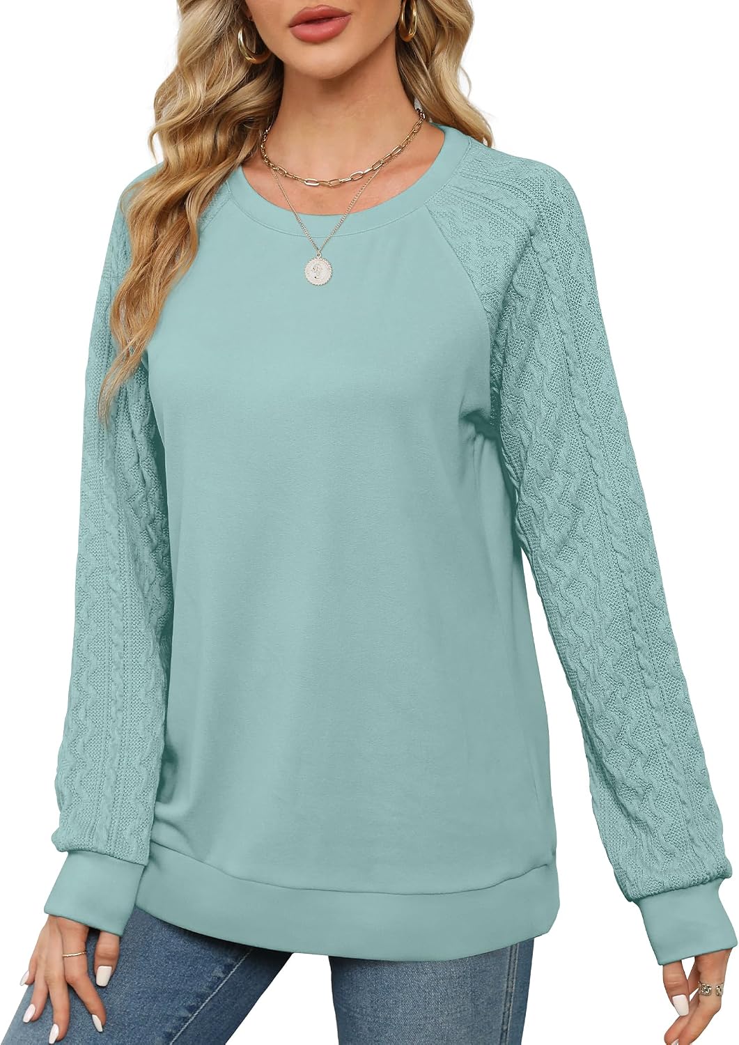  Sweatshirts for Women Crewneck Cable Knit Sleeve Sweaters Lightweight Fashion 2025 thumbnail