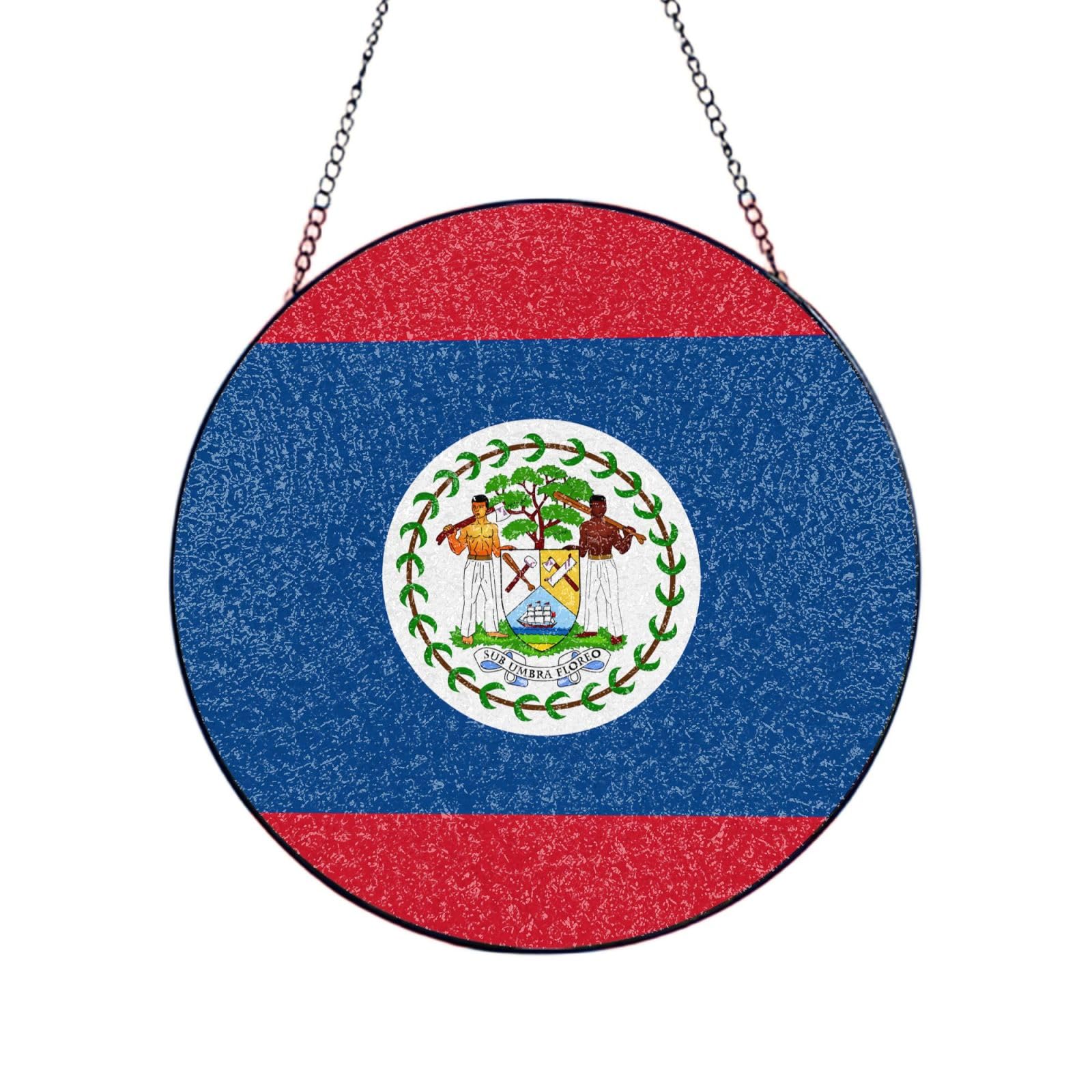 Poezjzw Stained Glass Window Hanging - Belize Flag Sun Catcher For Door Garden Home Decor Christmas Mother'S Day Birthday Gifts 10in（25cm）