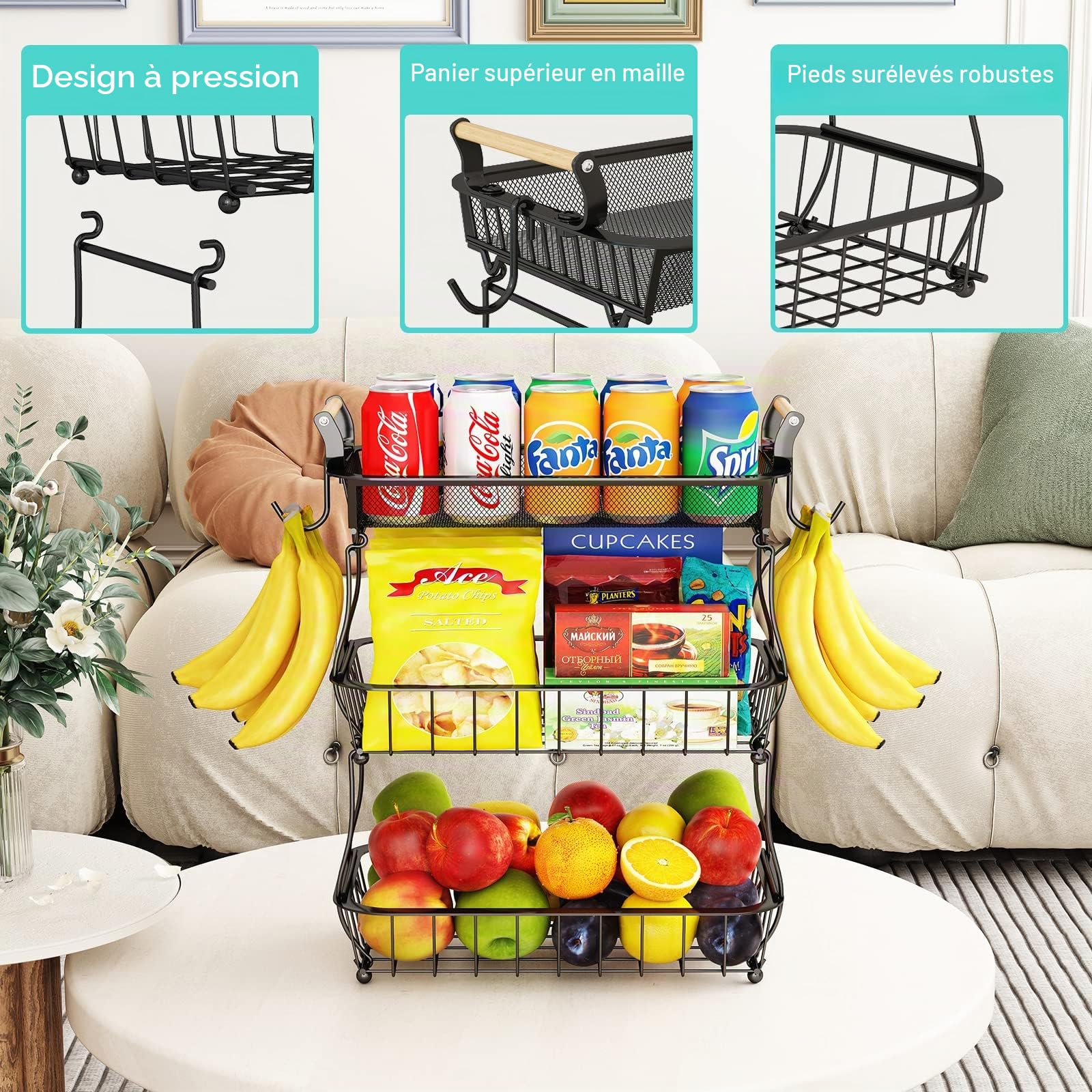 Corbeille à fruits à 3 niveaux avec 2 cintres bananes pour comptoir de cuisine, comptoir de légumes, support de rangement en fil métallique de grande capacité pour oignons, collation, noir