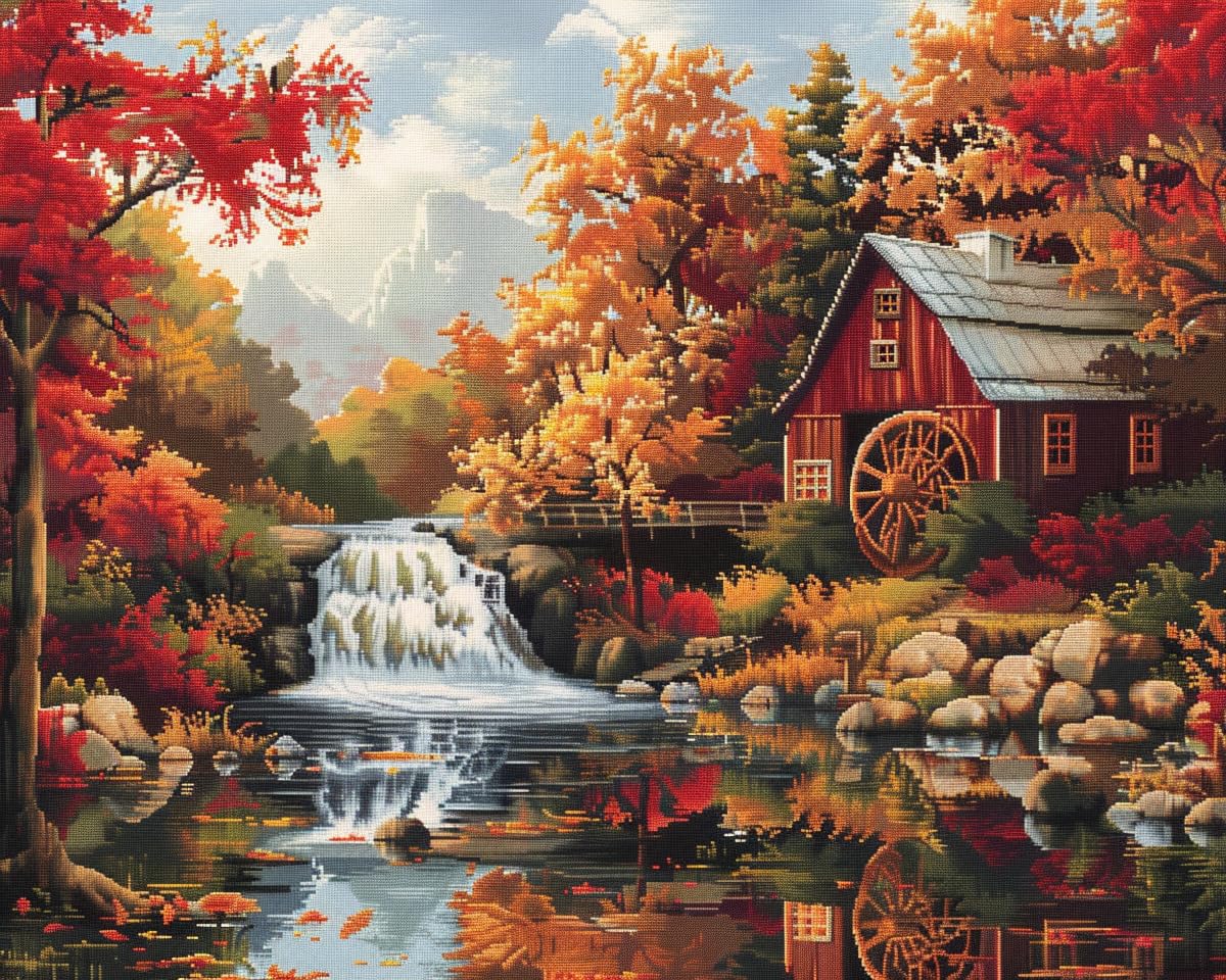 Autumn Landscape Mill Fall Trees DIY 11CT Stamped Cross Stitch Kits for Beginners Easy Needlepoint Embroidery Counted Cross Stitch Art Craft for Wall Decoration 12x16inch(4)