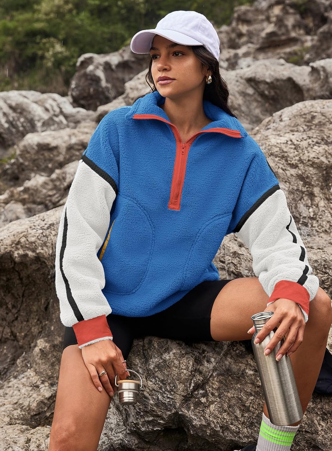 Yanekop Womens Quarter Zip Pullover Sherpa Fleece Jacket Oversized Zip Up Sweatshirt Half Zip Pullover Fuzzy Outerwear - Image 5