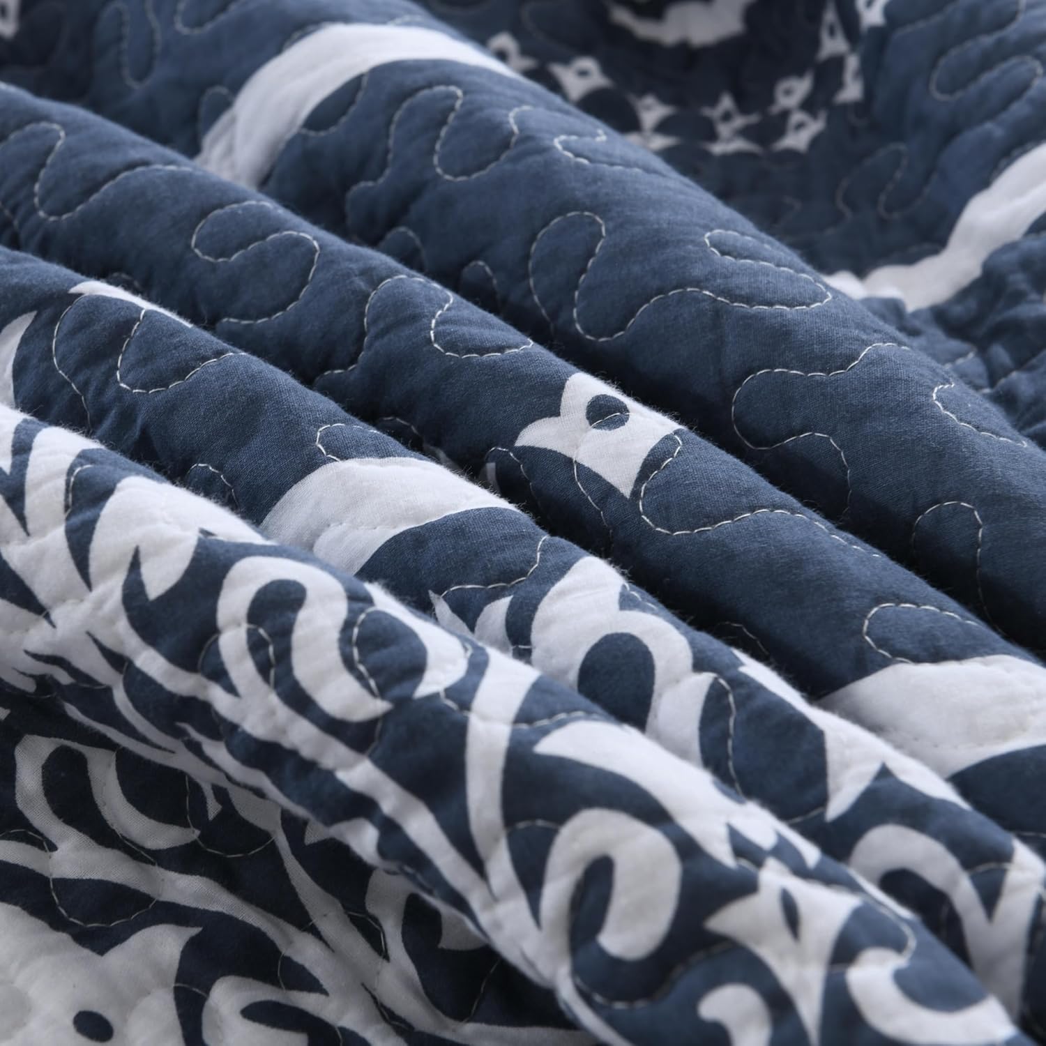 Boho Quilt Set - 100% Cotton Navy Blue Bohemian Bedspread King Size Striped Printed Lightweight Comforter Set - Quilted Coverlet - All Season - 3 Pieces | Breathable, Durable - Image 5