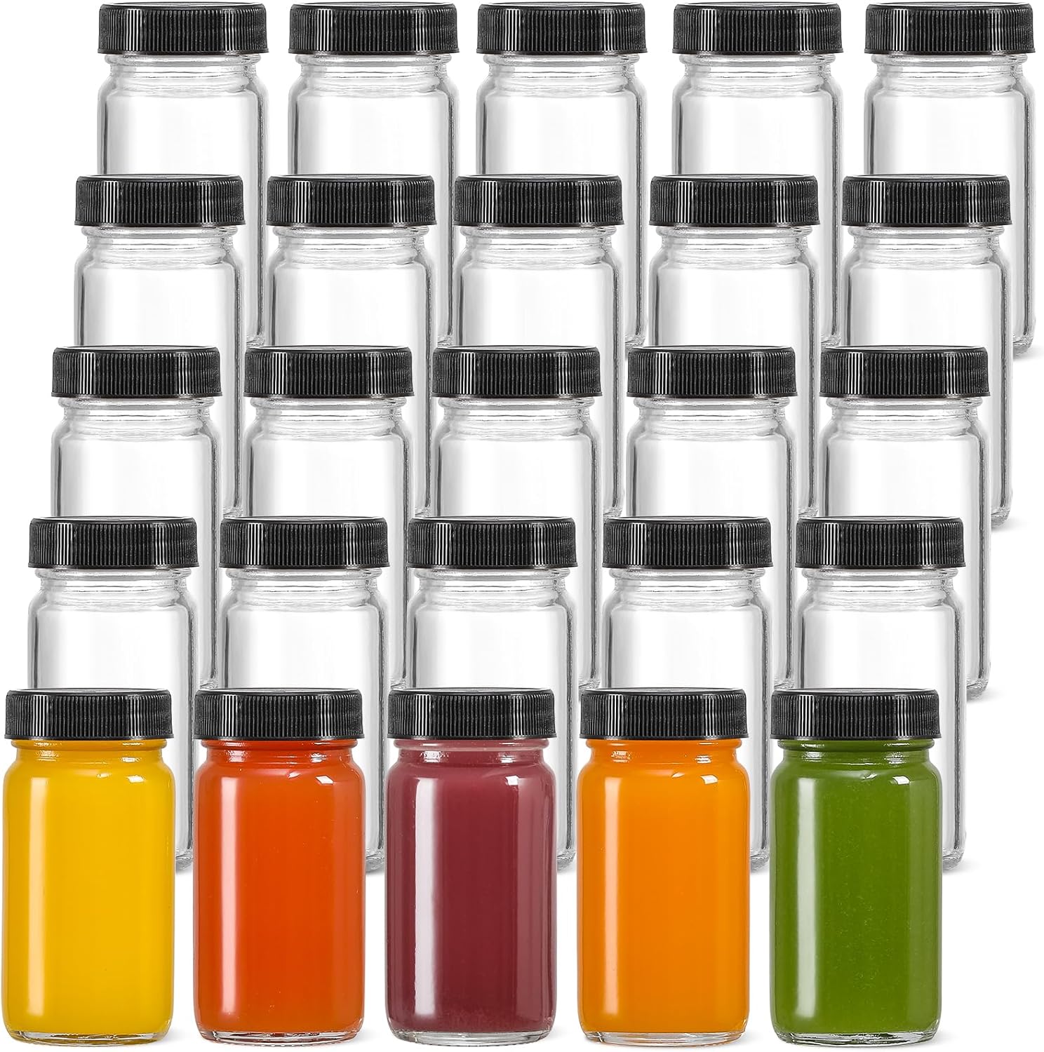 25 Pack 2 oz Glass Shot Bottles w/ Black Lids & 25 Labels - Small Clear Jar for Ginger, Wellness Shot, Juice, Sample, Whiskey - Travel Essentials Mini Bottles - Wide Mouth, Leakproof, Dishwasher Safe - Image 7