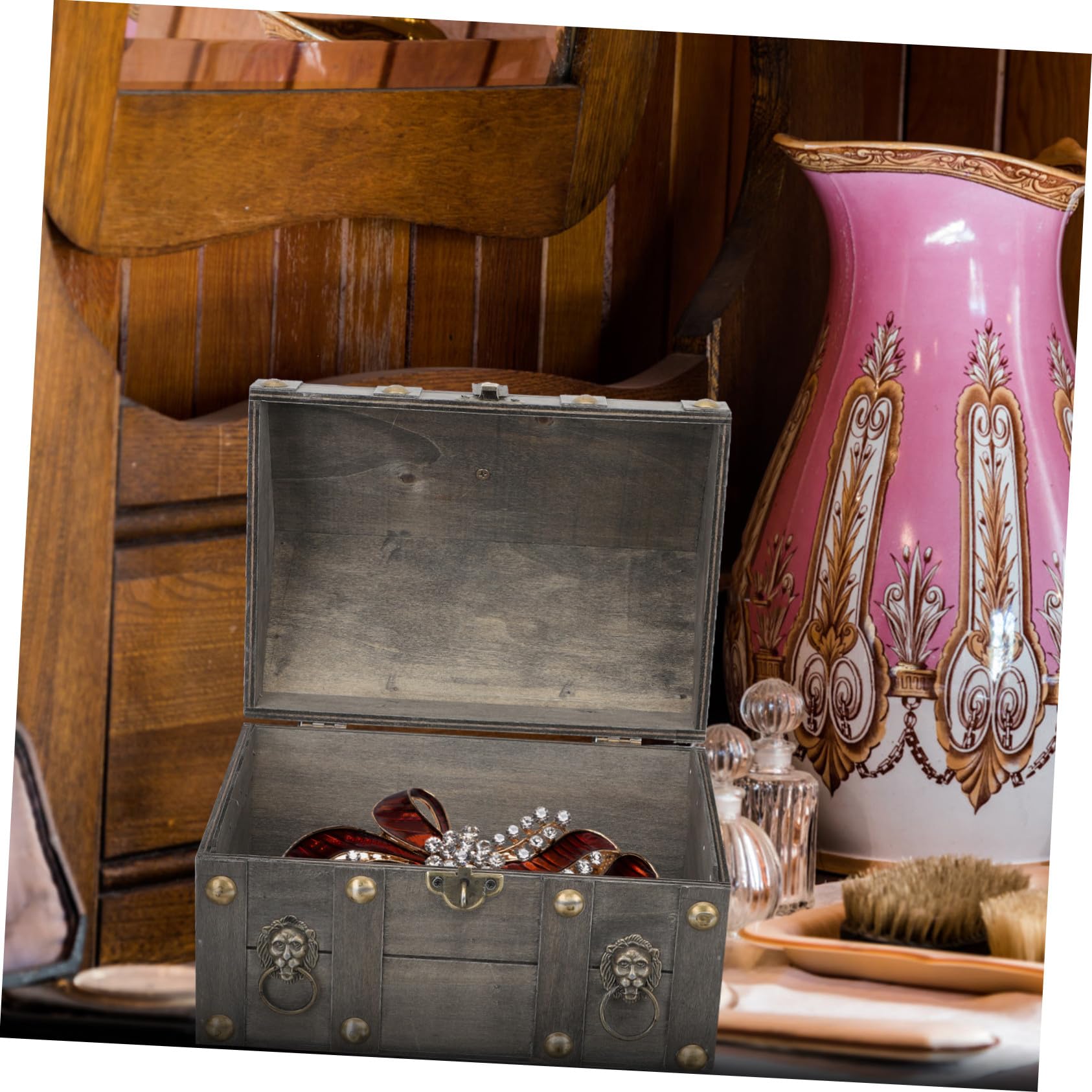 Holibanna Schmuckschatulle Aus Holz Holzschlosskasten Vintage Schmuck Organizer Tragbare Holzkiste Mit Schloss Staubschutz Reise Geschenk Für Frauen