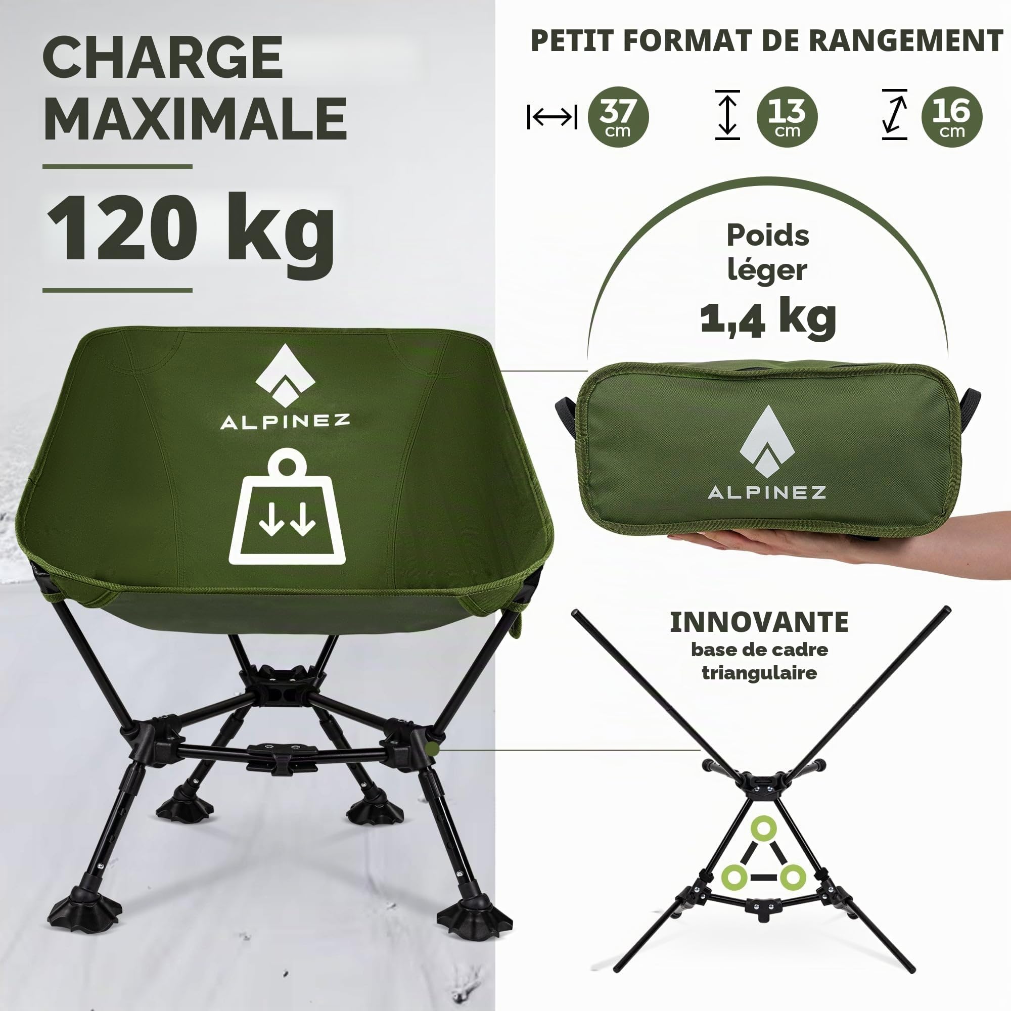 Chaise de camping pliable facilement réglable en hauteur - Vainqueur du test 2026 - Petite taille - Chaise de camping pliable - Chaise de pêche ultra légère - Chaise de camping - Chaise de plage