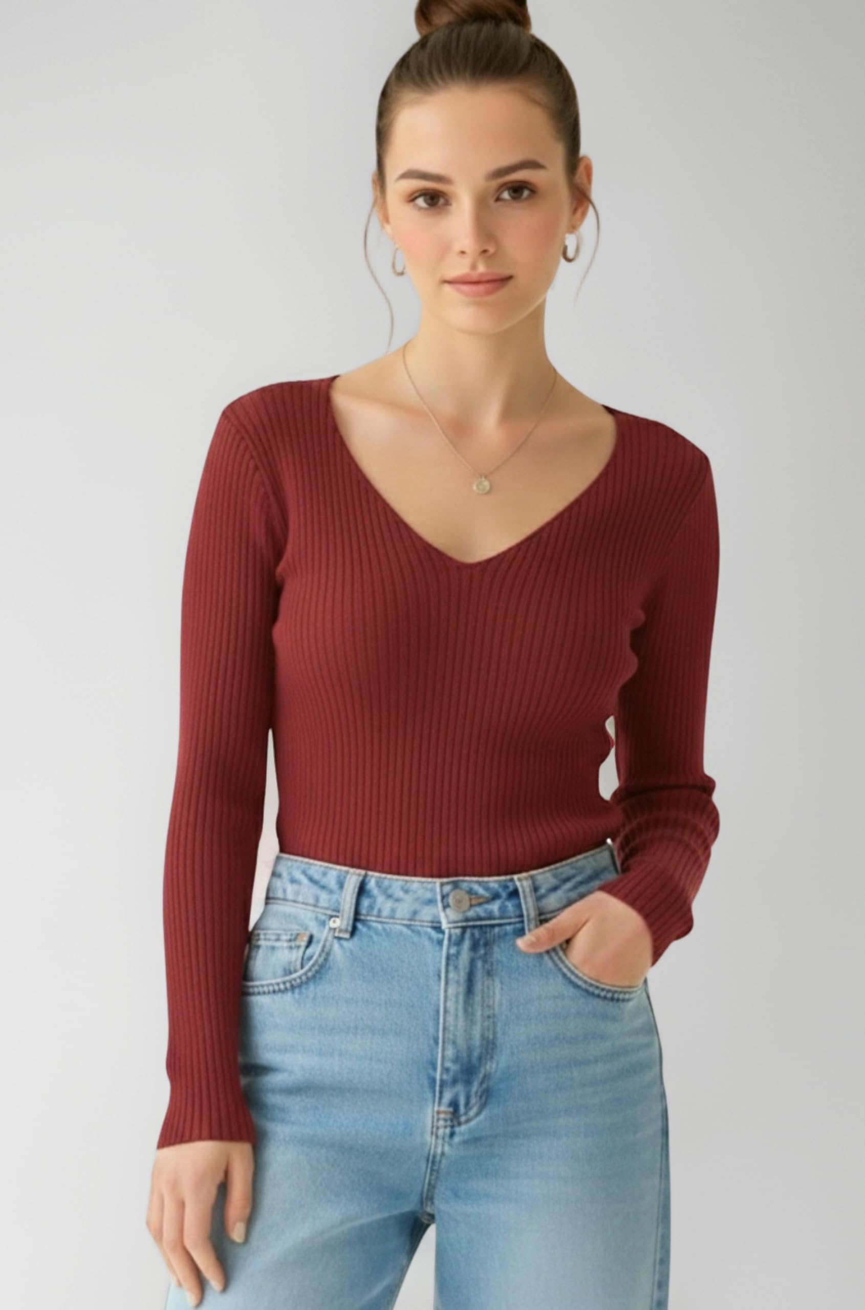 Upadesham Long Sleeve Shirts for Women 2026 Fall Fashion V Neck Basics Crop Tops Slim Fitted Outfits Clothes Women's Sexy Deep Fit Fleece Lined T Shirt Tunic Tops