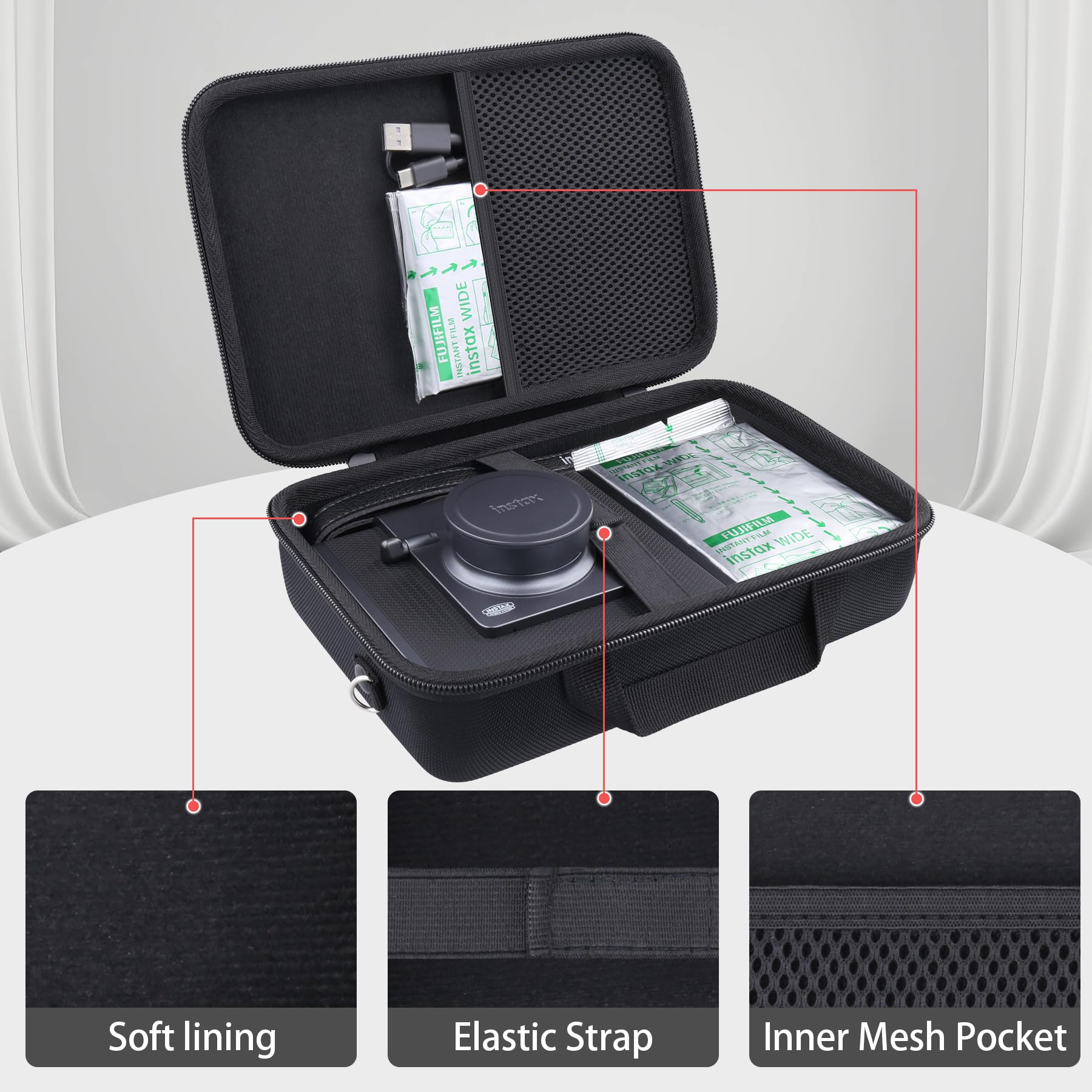 Khanka per Fujifilm Instax Wide Evo 2-in-1 Instant Film Camera e stampante Custodia rigida da viaggio con tracolla, nero (solo custodia)