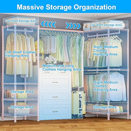 Miniatura 3 de E10L - Perchero en forma de L para esquina (con barra de suspensión expandible), resistente y independiente para colgar ropa, perchero portátil