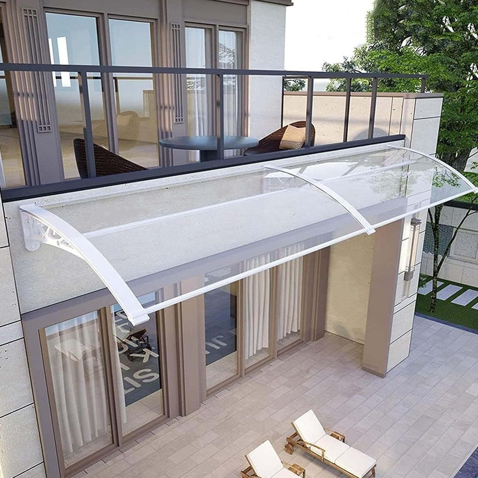 Wasserdichtes Einstiegstürvordach, 78,7 x 350,5 cm, Polycarbonat mit weißer Aluminiumstütze, Außenmarkise für Türen und Fenster, Regen- und Sonnenschutz