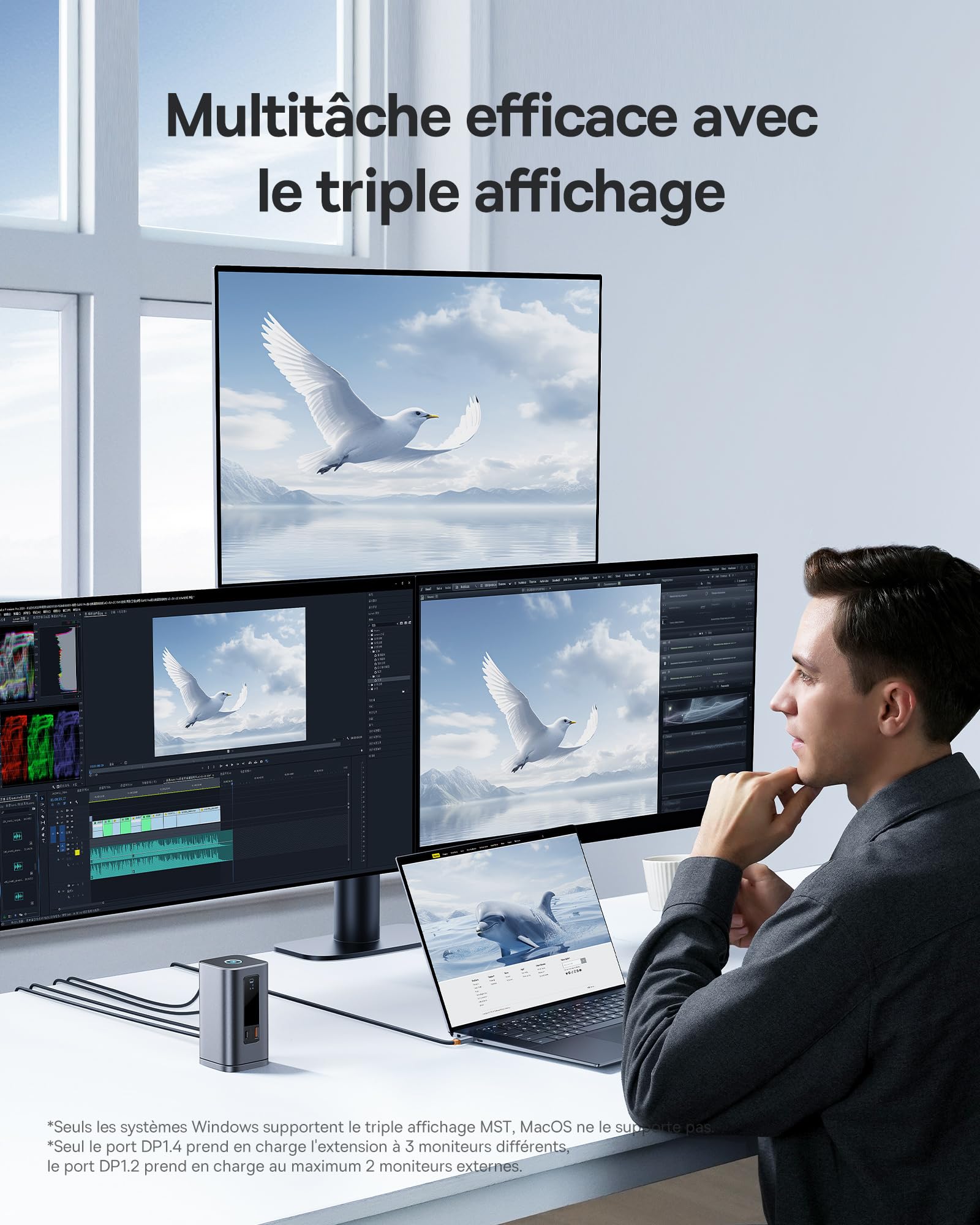 Baseus Spacemate 11 en 1 Docking Station 3 Moniteurs pour Windows, avec Écran Intelligent, 4K HDMI/DP, 10Gbps USB-C/A, 100W PD, Ethernet, Audio, Compatible avec HP/Lenovo/Dell/Acer