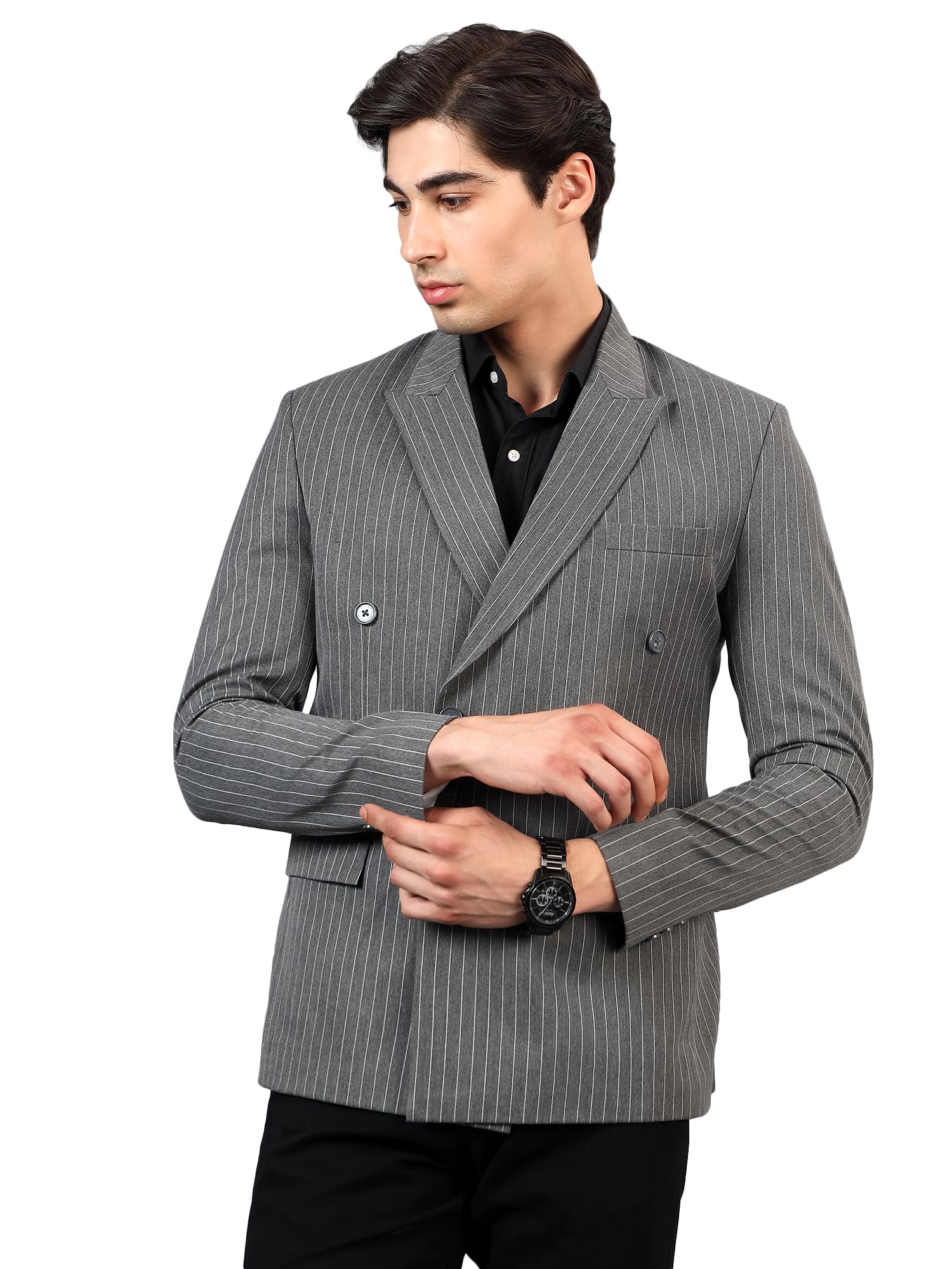 Men's Grey Striped Double-Breasted Blazer-picture-23