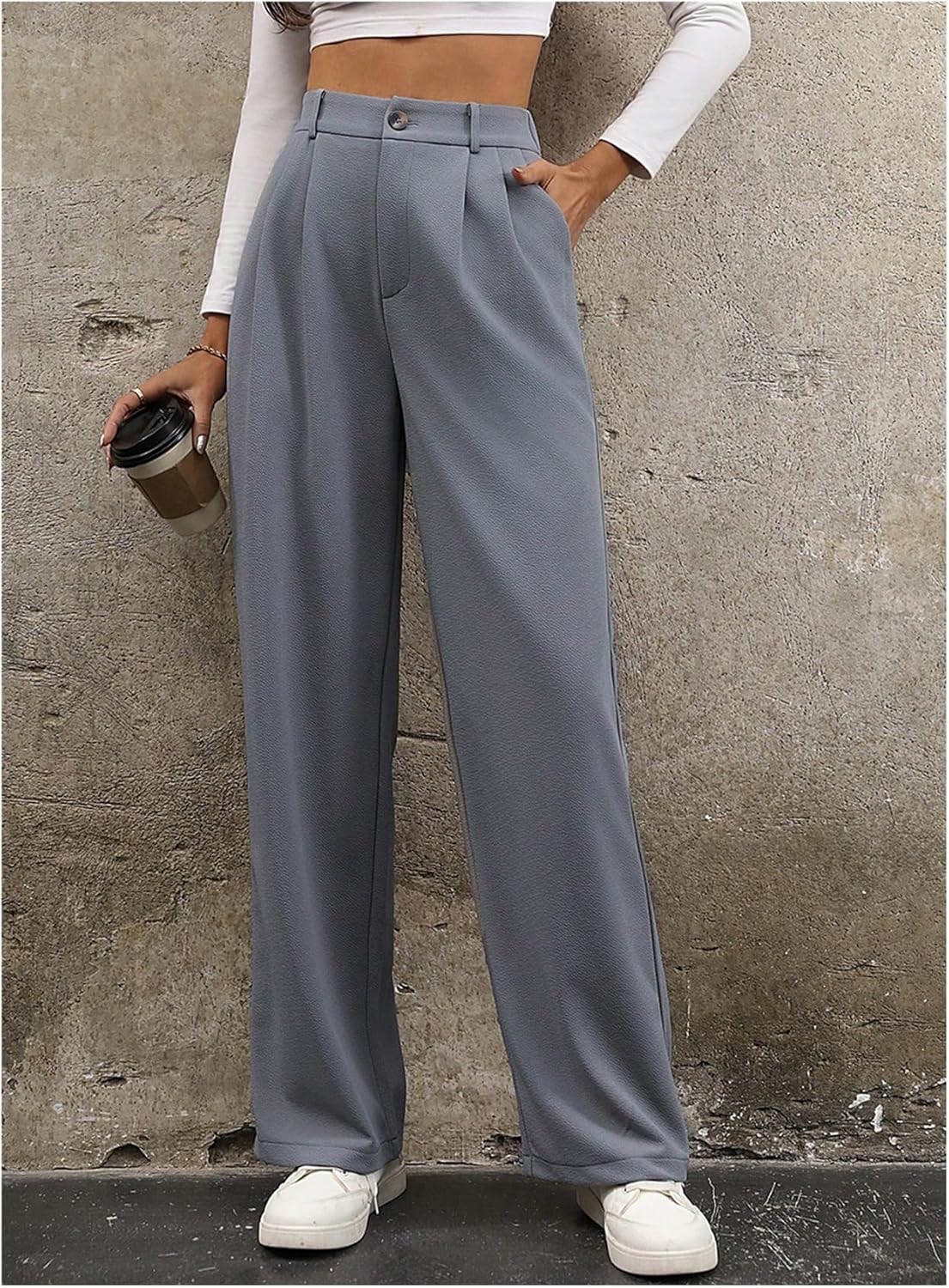 Women Casual Plain Color Pleated Trousers Work Pants