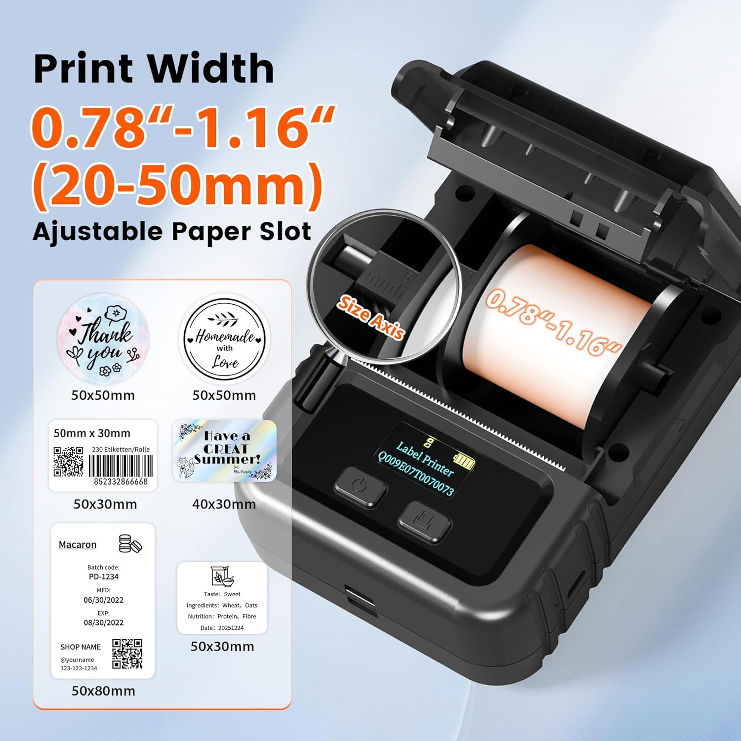 Phomemo M120 Label Maker showing adjustable paper slot for various label widths.