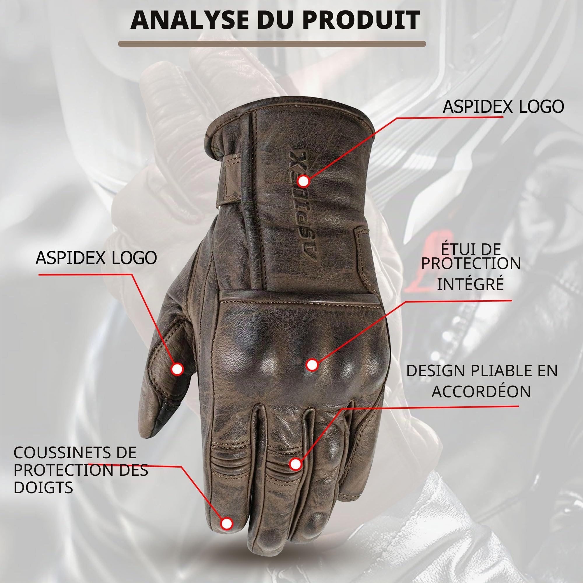 Gants de Moto en Cuir avec Protections Cafe Racer Chopper Custom Marron Touch