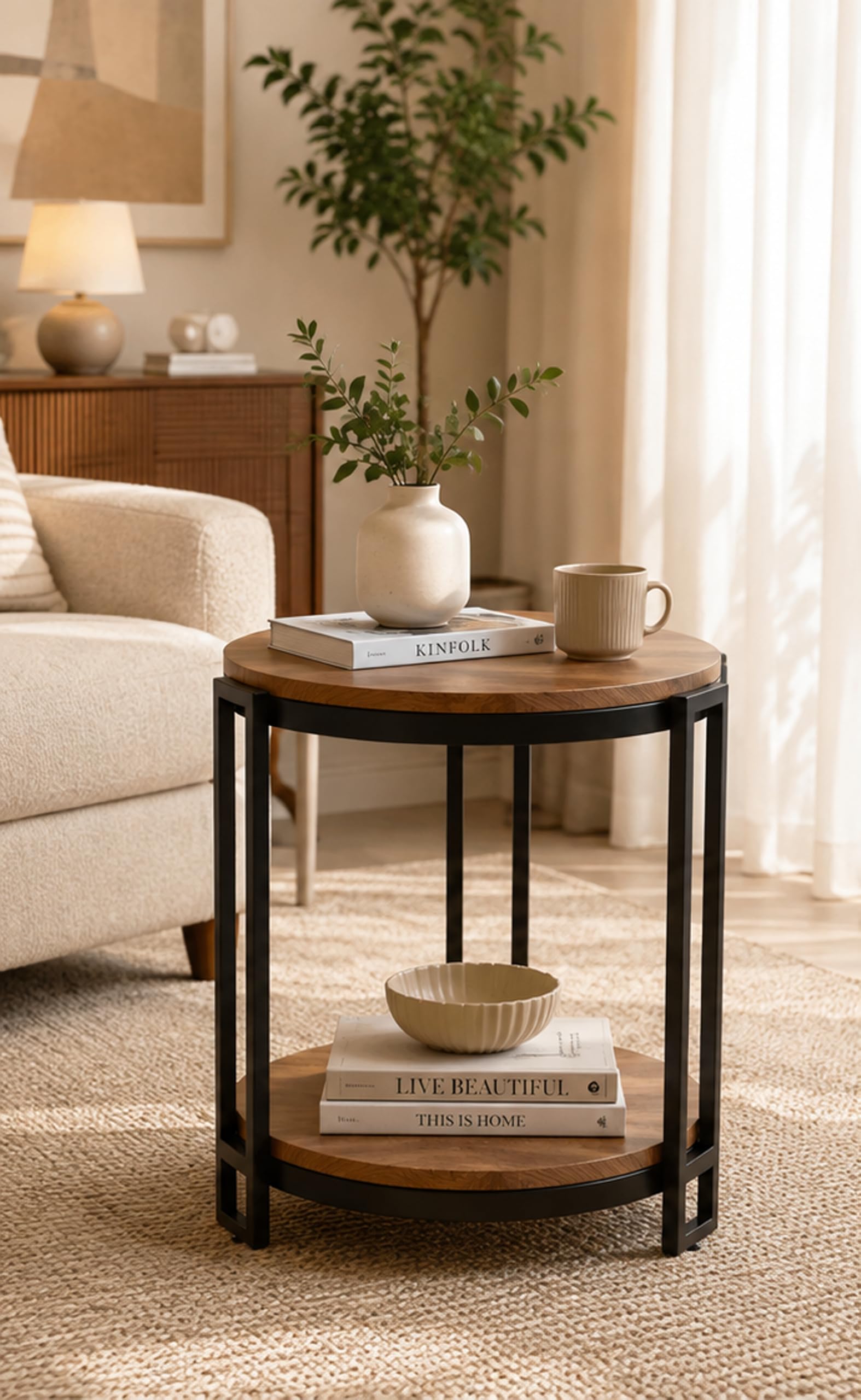 Collection 2-Tier Round Side Table, Small Modern Storage Shelf Black Metal Coffee Table Nightstand for Living Room Bedroom-image-48