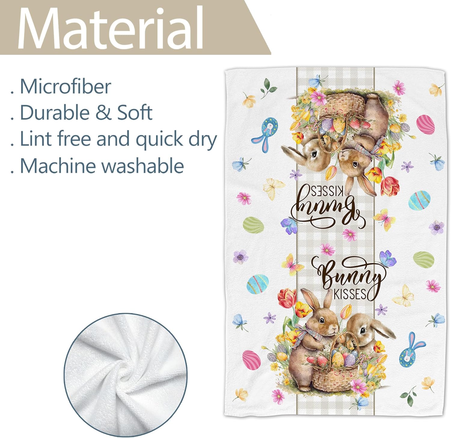 Easter Kitchen Towels, Easter Bunny Towels Set of 2, Happy Easter Eggs Dish Hand Towels for Kitchen with Buffalo Plaid Farmhouse Spring Gifts Decorations for Home, 18x28 Inches - Image 3