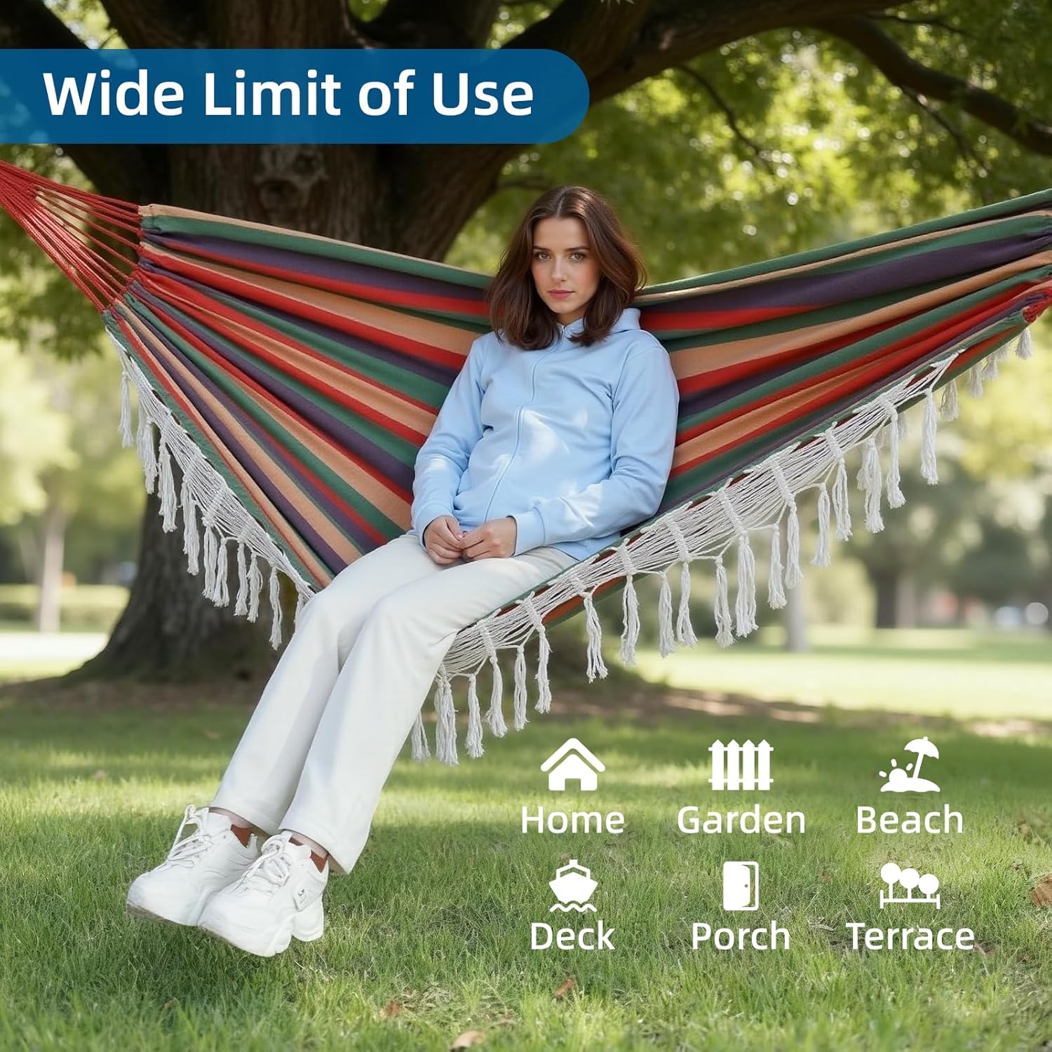 Posprica Brazilian Style Double Hammock with Fringe, 2 Person Patio Hammock for Backyard & Indoor Relaxation, Soft Breathable Fabric, Easy Setup with Straps & Carry Bag, 360 lbs Capacity