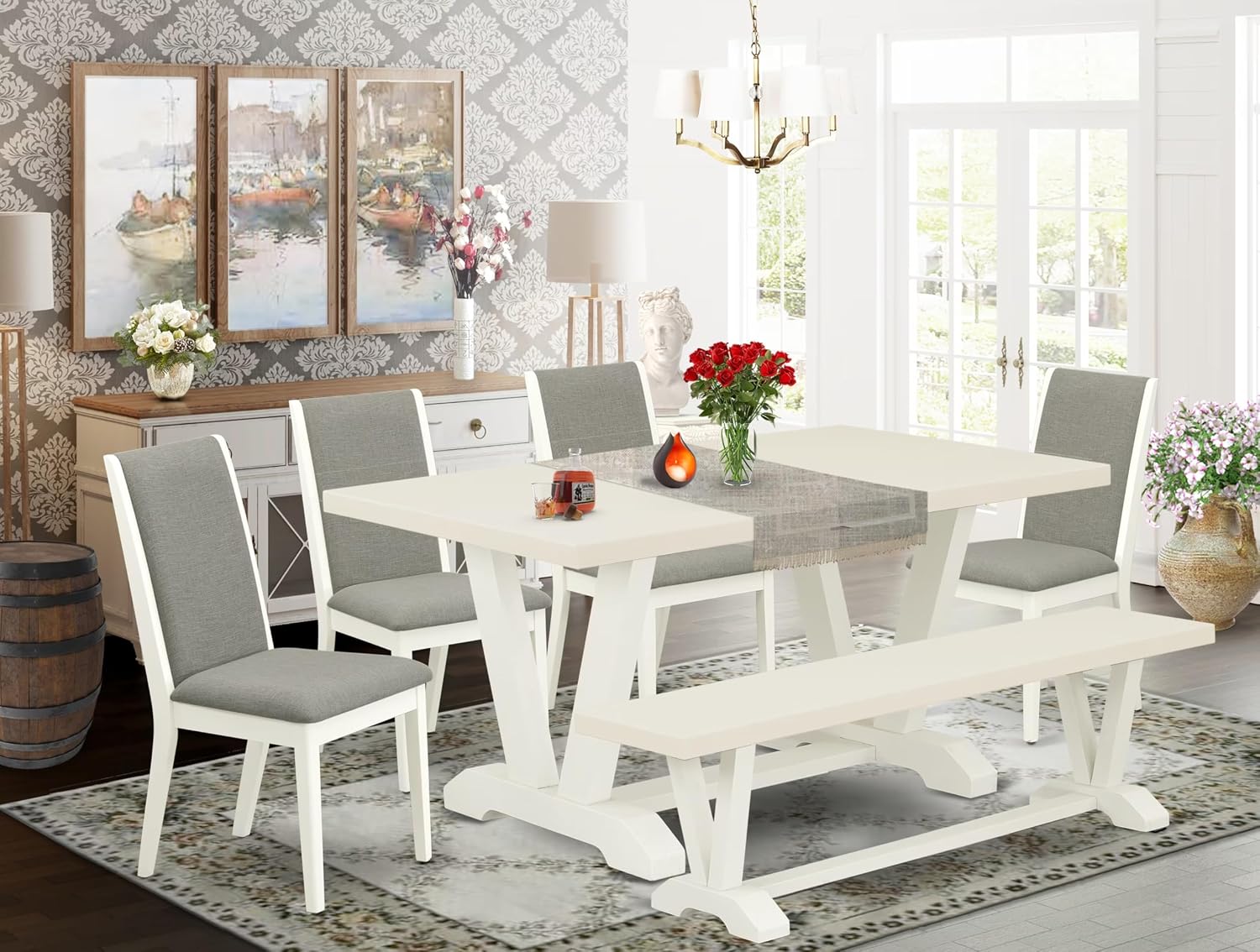 East West Furniture V026LA206-6 6 Piece Dining Set Contains a Rectangle Dining Room Table with V-Legs and 4 Shitake Linen Fabric Parson Chairs with a Bench, 36x60 Inch, Multi-Color