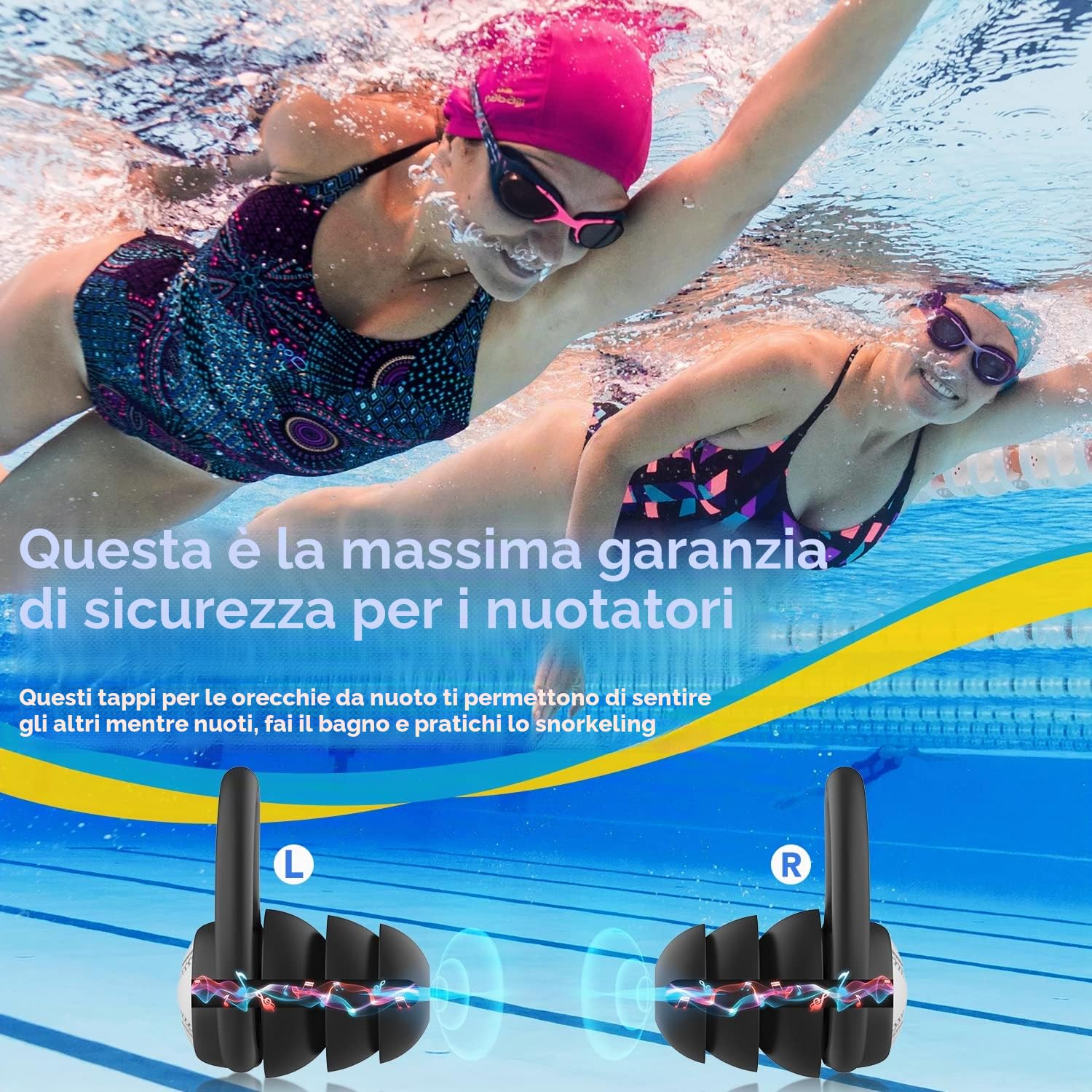 Tappi per le orecchie da nuoto per adulti, impermeabili, riutilizzabili, in morbido silicone, per doccia, nuoto, surf, snorkeling e altri sport acquatici (2 paia)