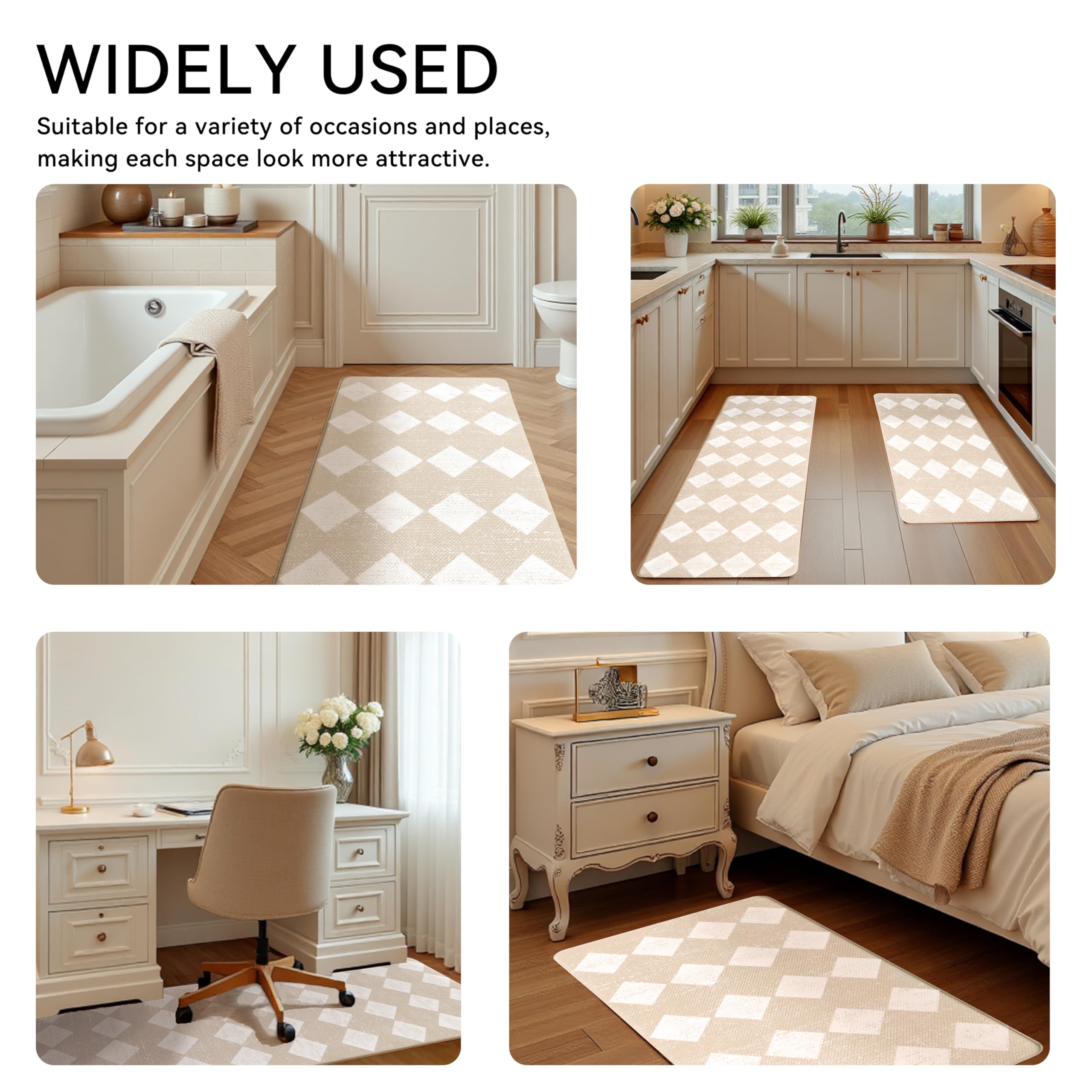 Juego de 2 alfombras de cocina a cuadros de color crema con diseño de enrejado marroquí, antifatiga, impermeables, antideslizantes, resistentes, ergonómicas, cómodas, para suelo, hogar