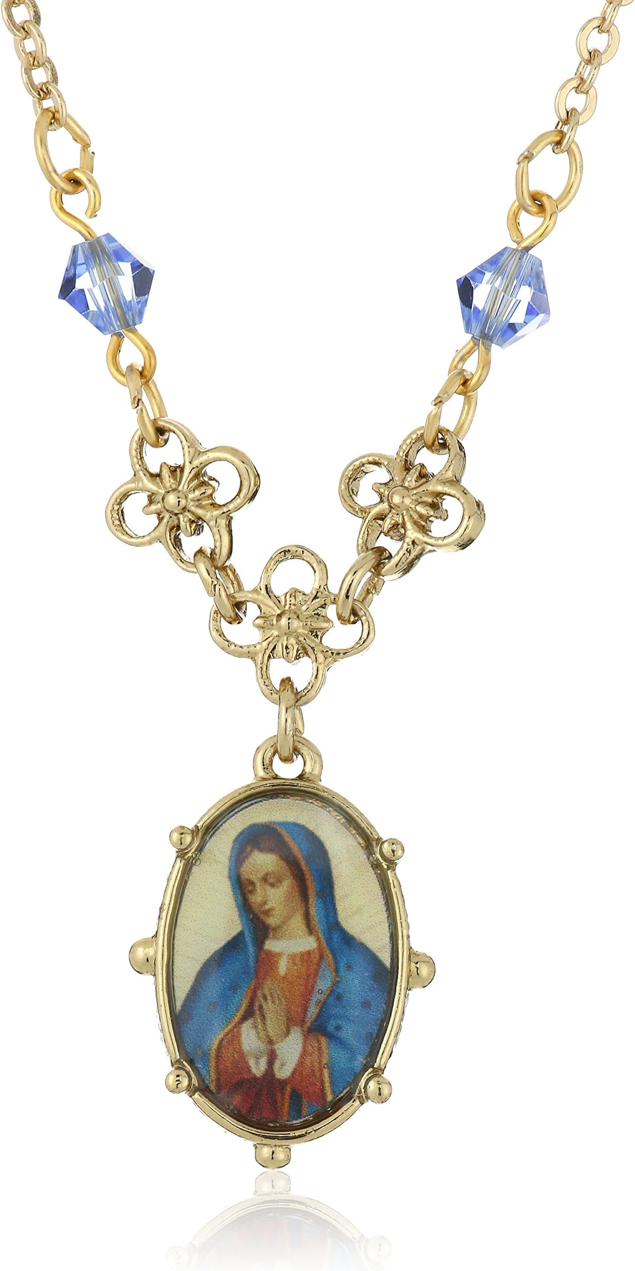 Symbols of Faith "Inspirations" 14k Gold-Dipped Light Blue Small Oval Mary Pendant Necklace, 16" + 3.5" Extender