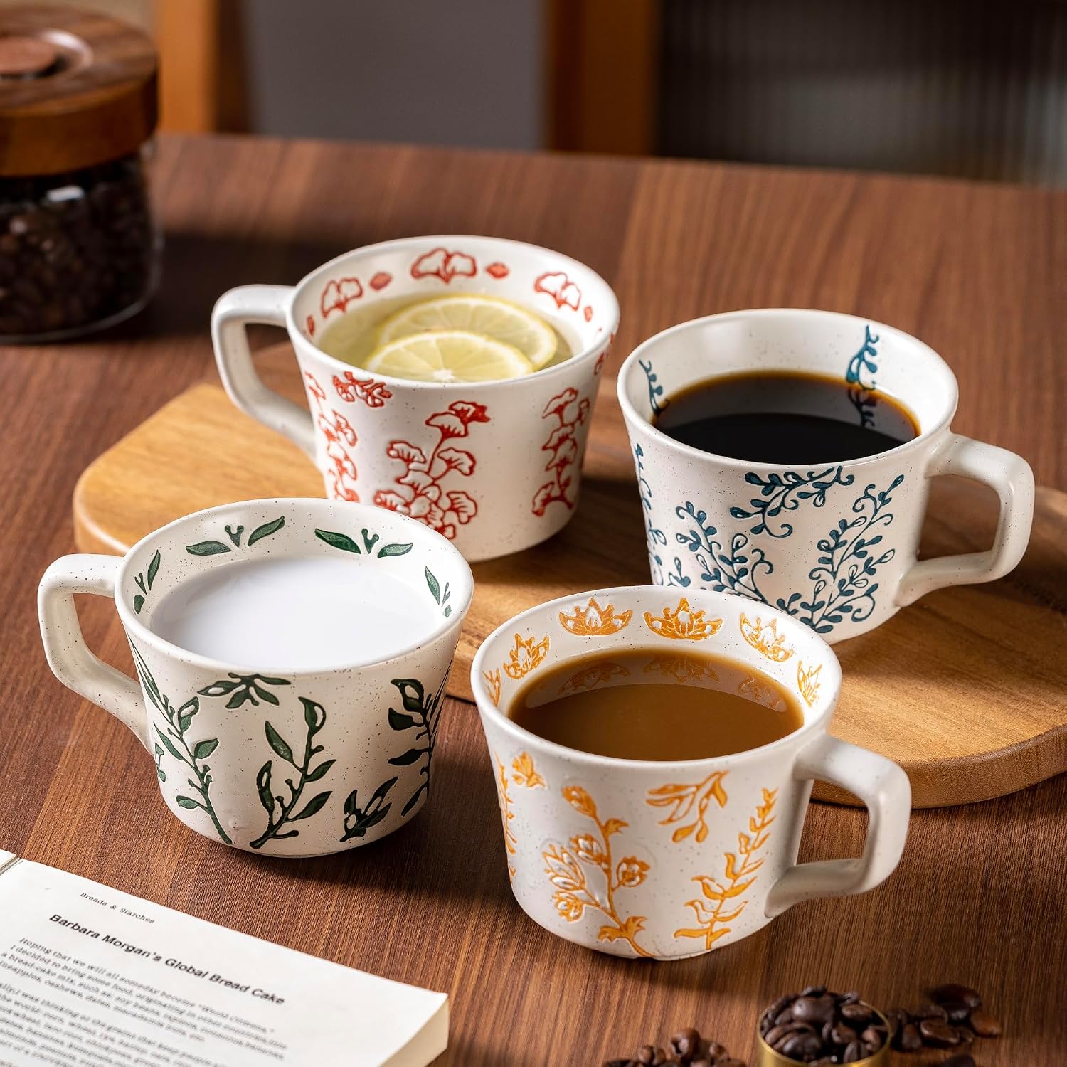Ceramic Mugs 11 oz Unique Luxurious Cups Set of 4, Mug for Coffee Milk Latte Cappuccino Tea, Office Home Kitchen Use, Dishwasher Birthday Gift Microwave Freezer Safe Stoneware Mixed