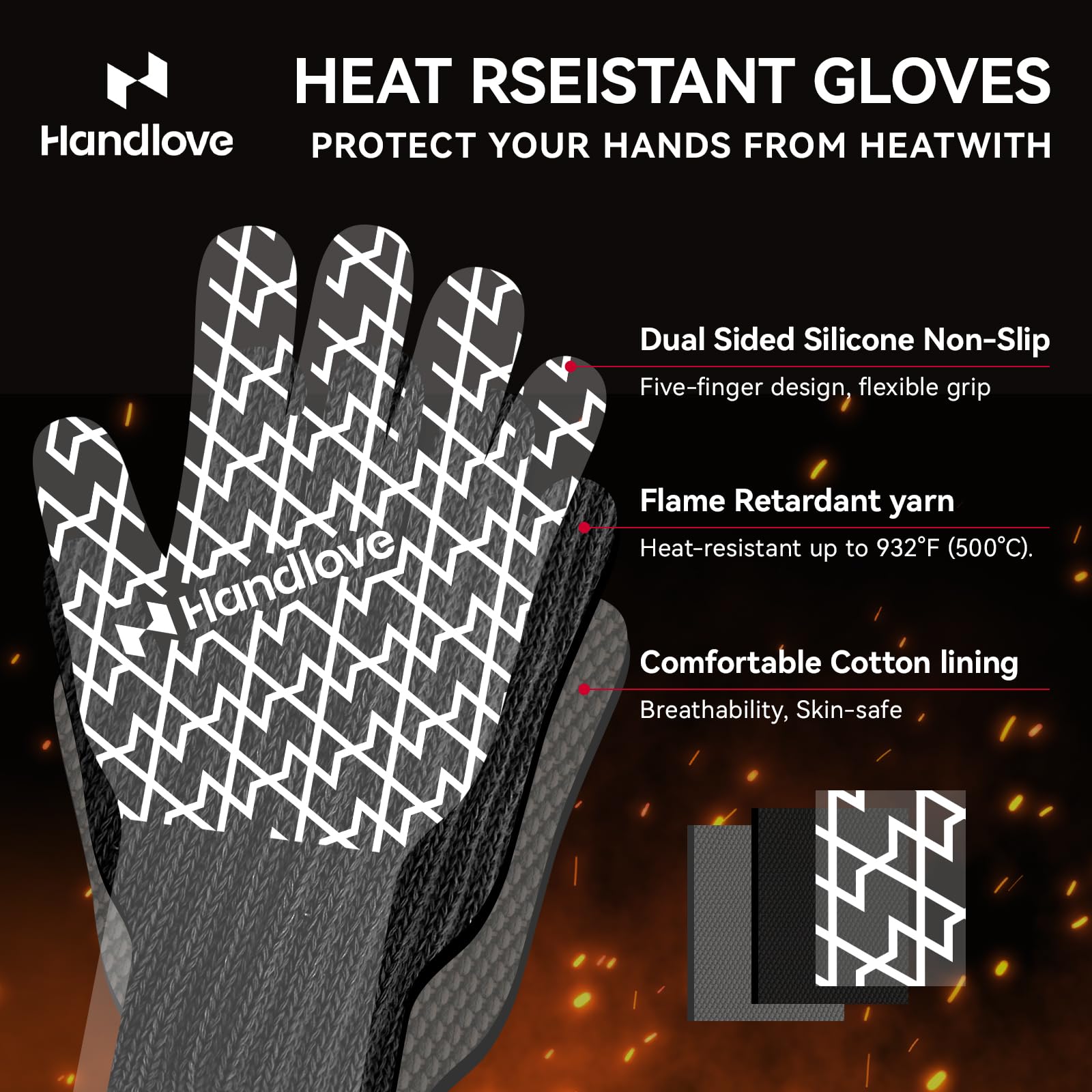 HandLove Guantes para barbacoa, resistentes al calor, guantes de horno para expertos culinarios, protección extrema ignífuga, agarre de silicona, guantes de puño largo, cocina y barbacoa al aire