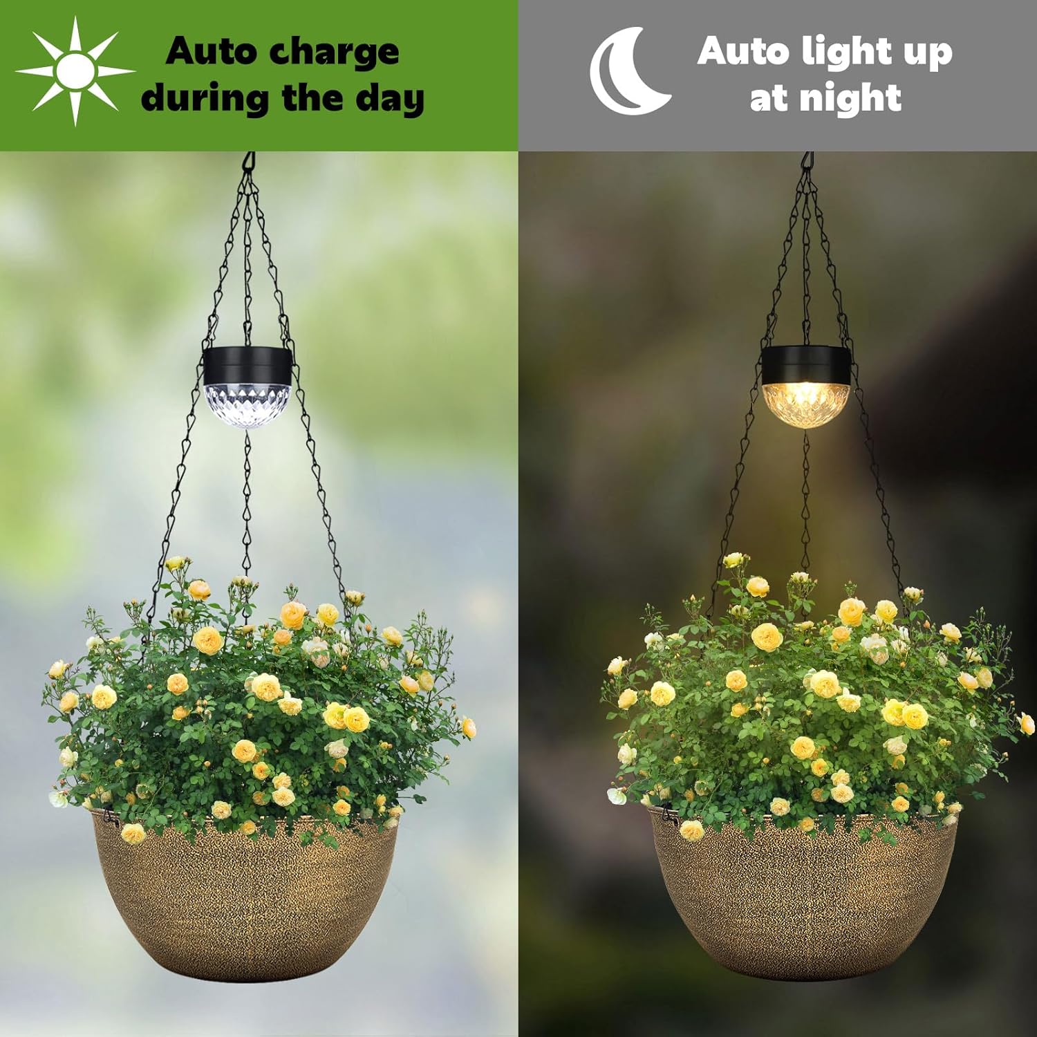 BAYN 2 Packs Solar Hanging Basket Planters for Plants Outdoor, Self Watering Copper Flower Plants Pots with Solar Light Drainer for Balcony Patio Garden Outdoor Decoration
