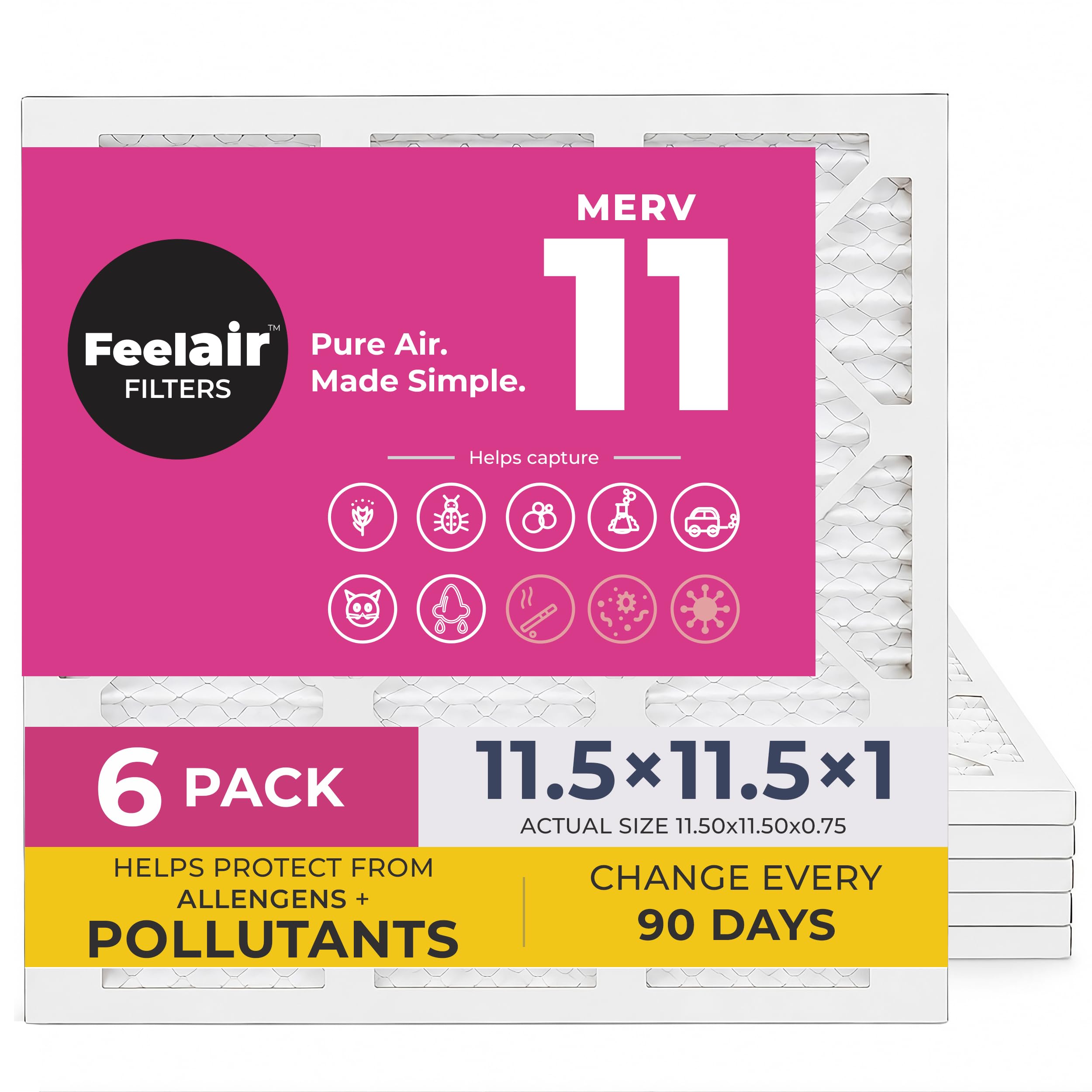 Feelair 11.5x11.5x1 Air Filter, Merv 11, MPR 1000, 6 Pack, Furnace Air Filter for HVAC (Actual Size 11.50"x11.50"x0.75") DUST, Pet, & Allergy Control