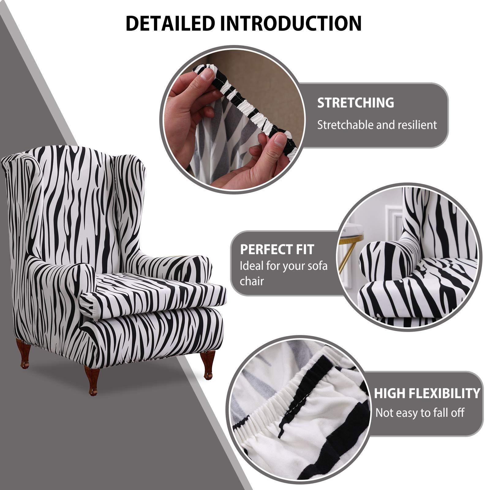 Housse De Fauteuil à Oreilles Extensible Zèbre - Protecteur Canapé VanderHOME Couvre Fauteuil