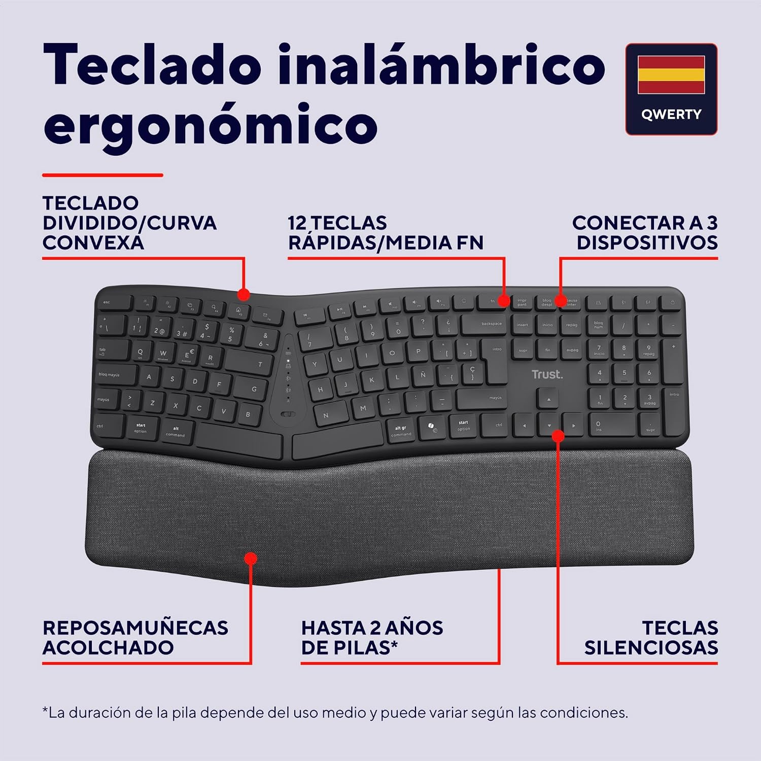 Trust Arvia Teclado Ergonómico Inalámbrico QWERTY Español, Negro 3